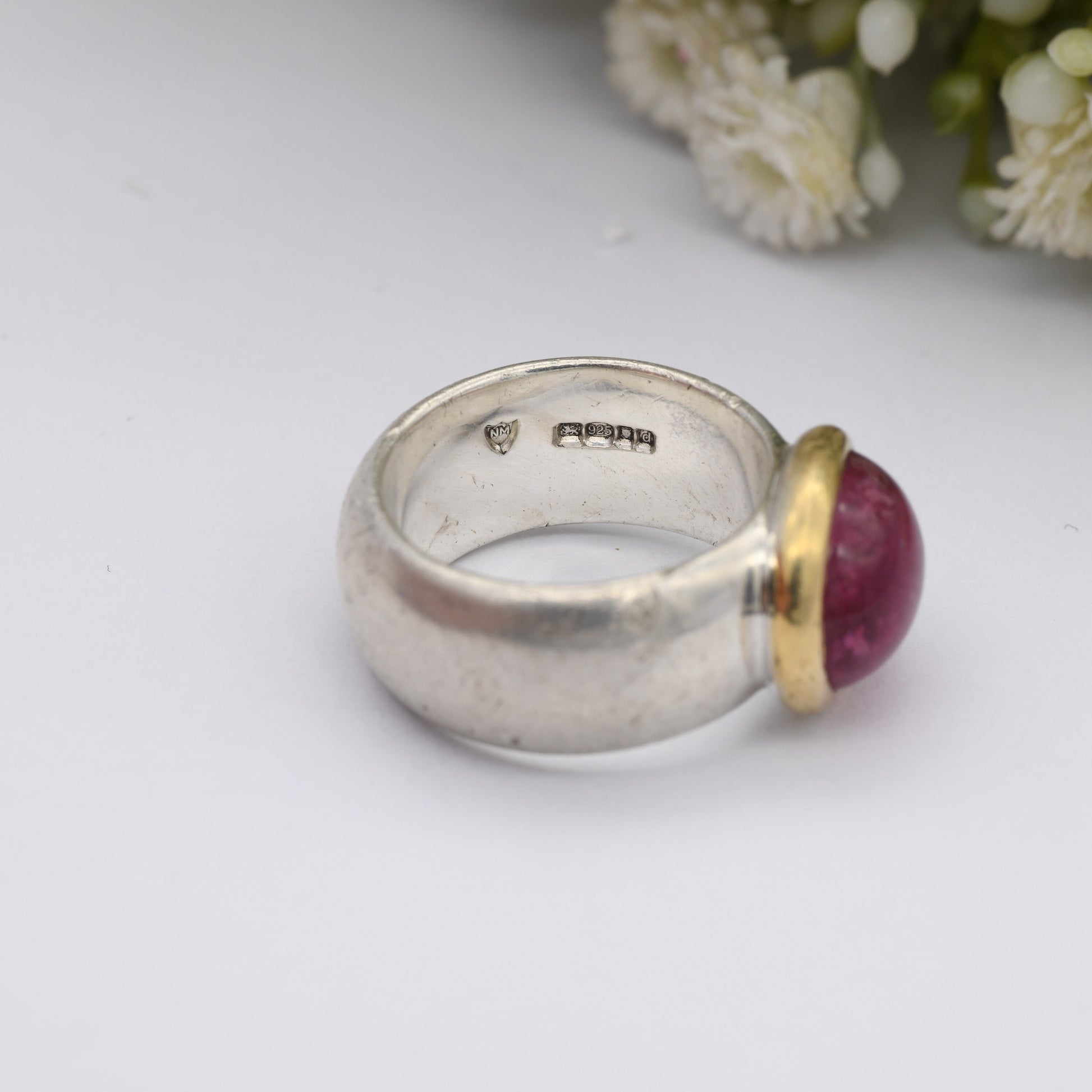 Sterling Silver Chunky Ring with Large Pink Stone 2003 - Gold Plated Bezel | UK Size - N 1/2 | US Size - 7