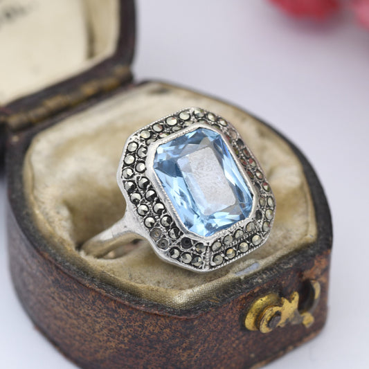 Vintage Sterling Silver Marcasite Blue Ring - True Vintage Statement | Art Deco Style Cocktail 1940s | UK Size - O 1/2 | US Size - 7 1/2