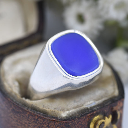 Vintage Sterling Silver Chalcedony Signet Ring - Mid-Century Blue Gemstone | Chunky Unisex | UK Size - P | US Size - 7 1/2