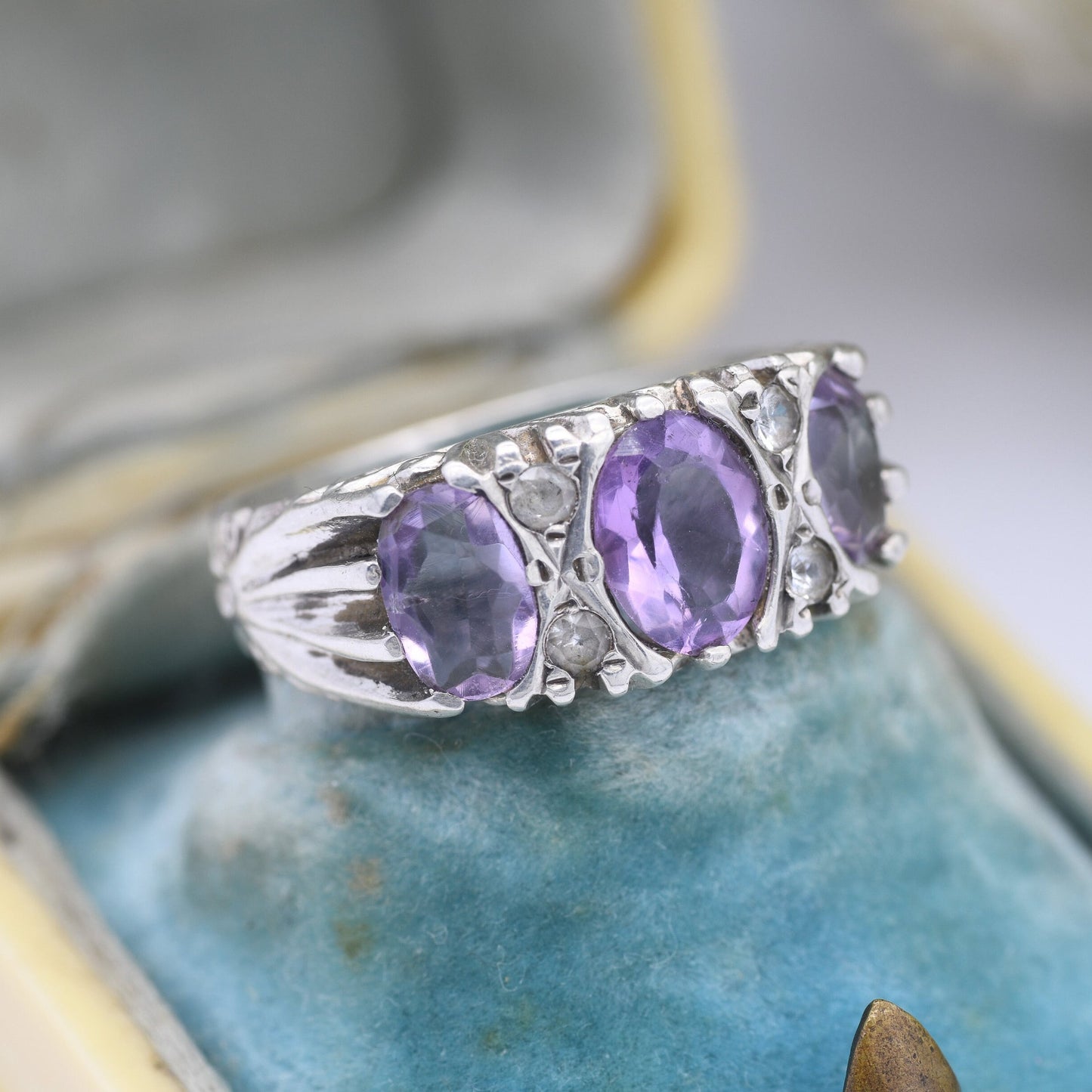 Vintage Sterling Silver Amethyst Three Stone Ring with Clear Stone Accents 1978 - Victorian Revival | UK Size - J 1/2 | US Size - 5