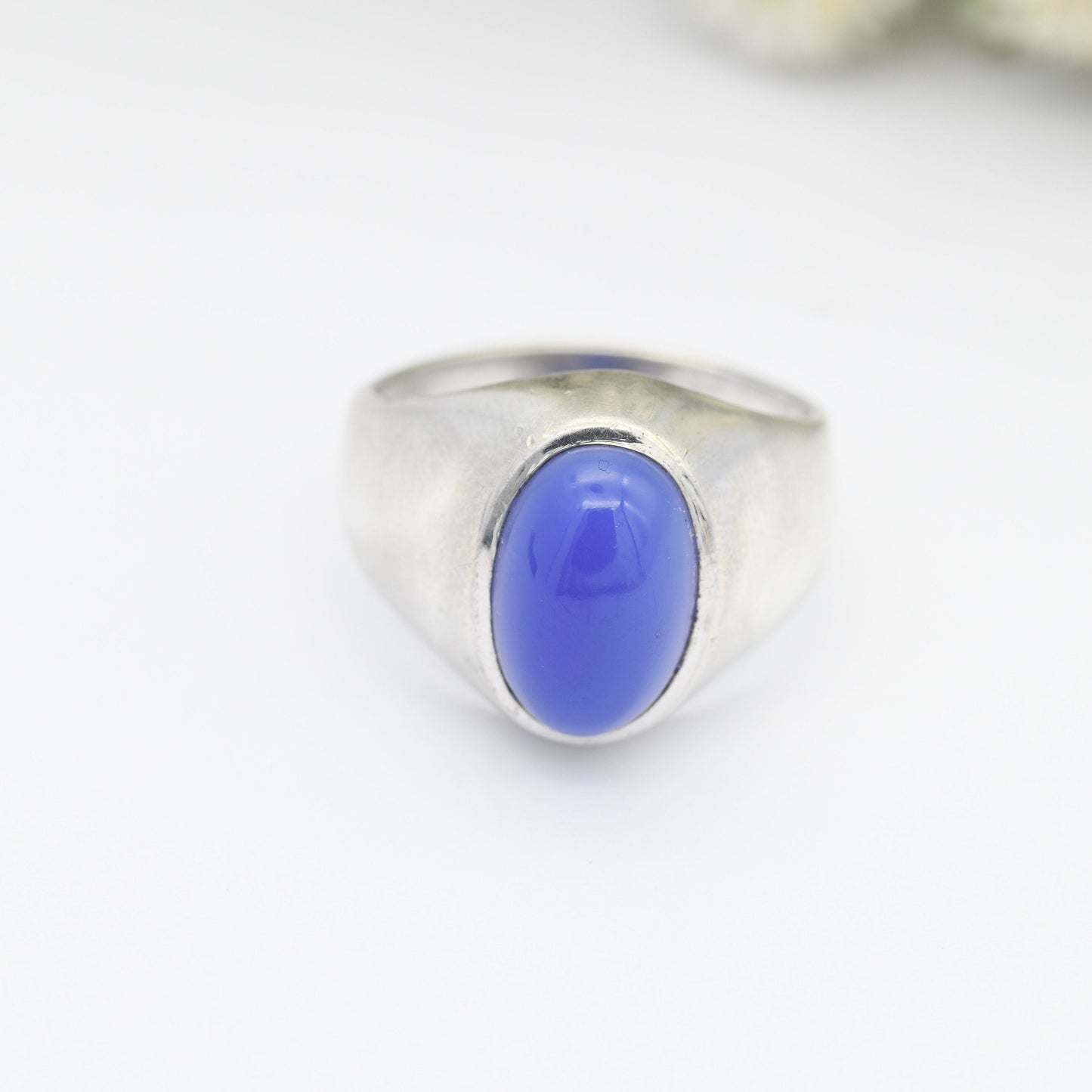 Vintage Sterling Silver Chalcedony Signet Ring - Chunky Unisex Silver | Cabochon Blue Gemstone | UK Size - N 1/2 / US - 7