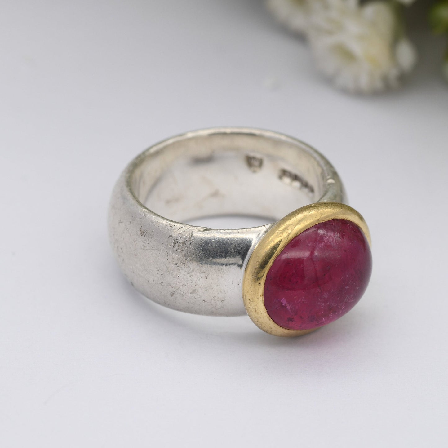 Sterling Silver Chunky Ring with Large Pink Stone 2003 - Gold Plated Bezel | UK Size - N 1/2 | US Size - 7