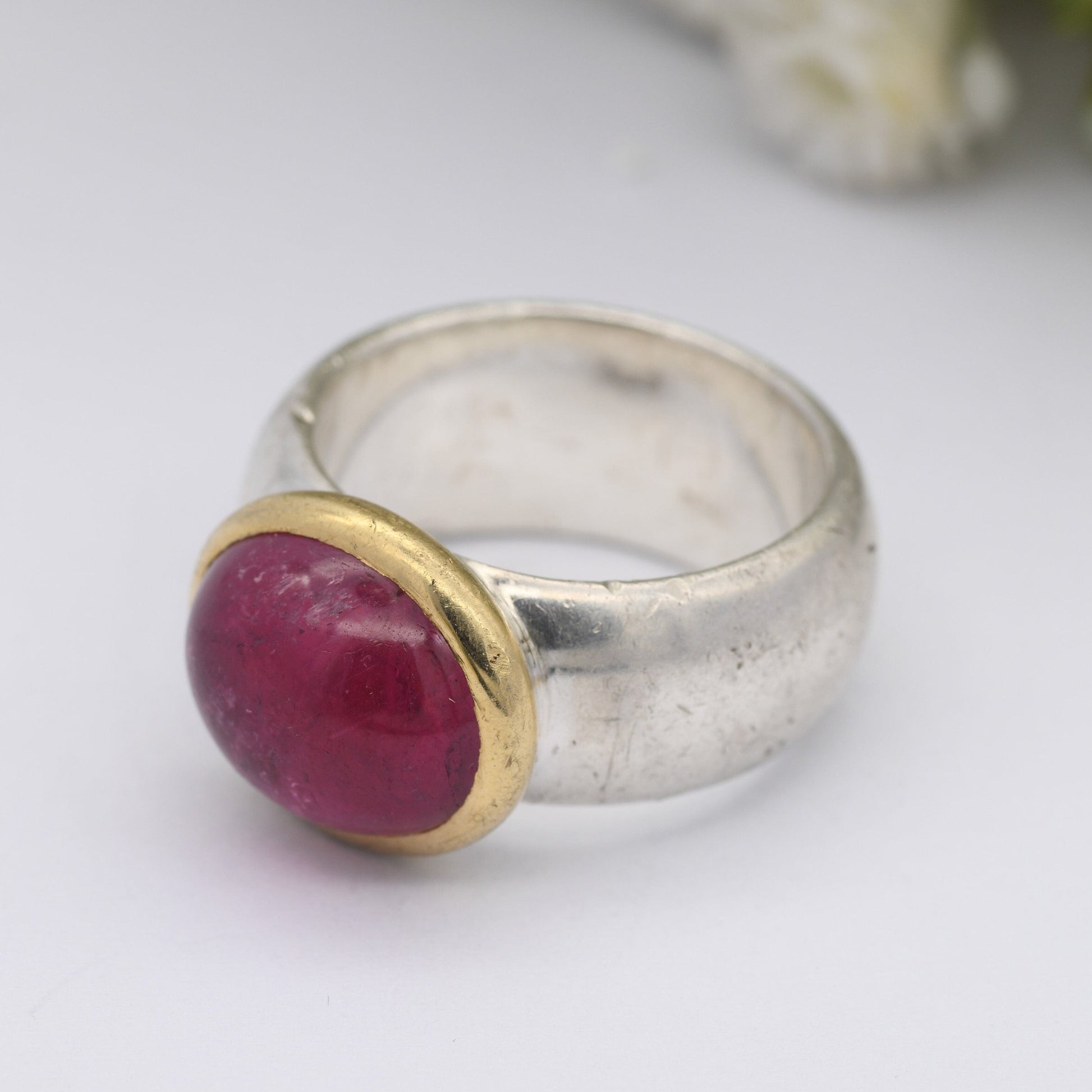 Sterling Silver Chunky Ring with Large Pink Stone 2003 - Gold Plated Bezel | UK Size - N 1/2 | US Size - 7