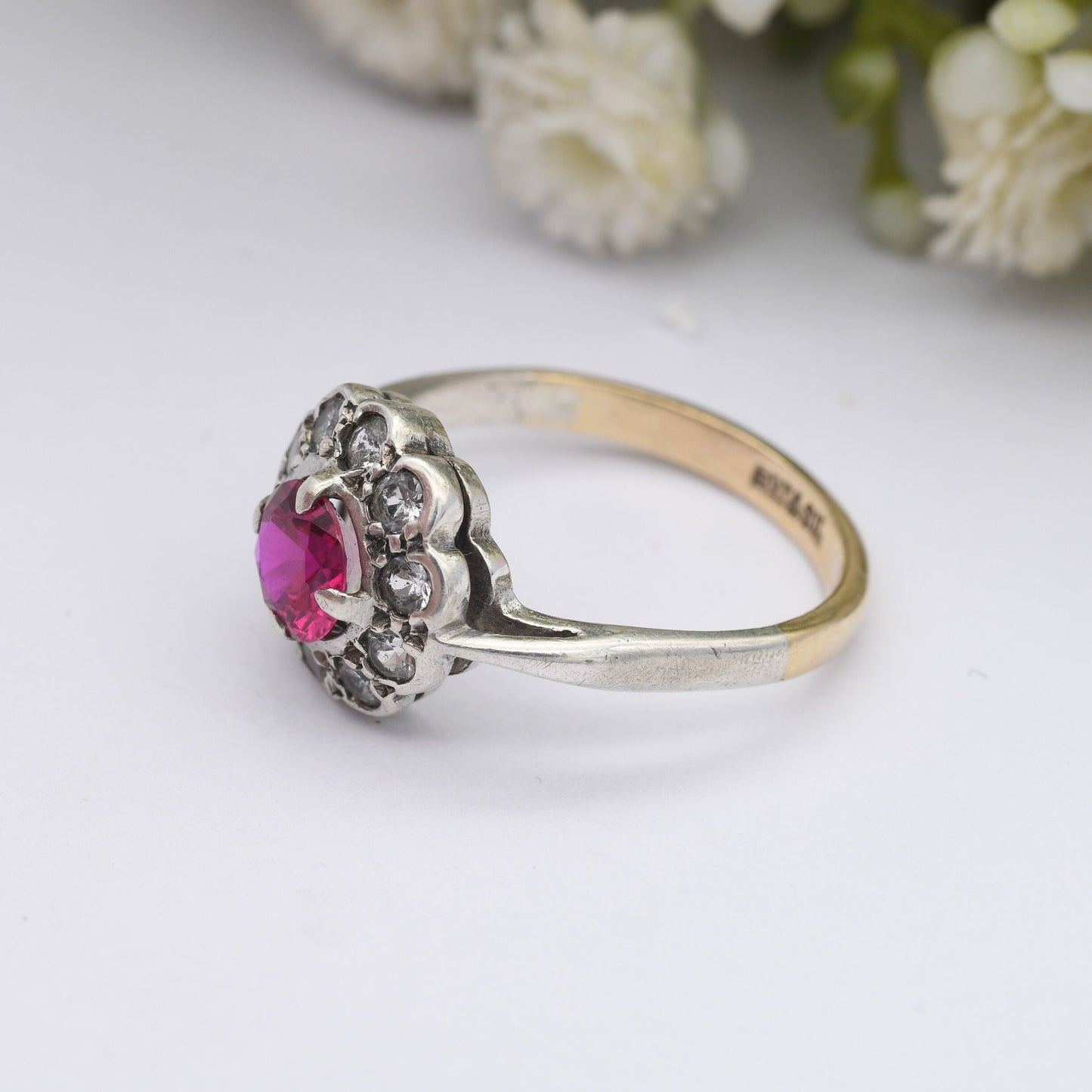 Vintage 9ct Gold Sterling Silver Ruby Clear Stone Flower Cluster Ring - Floral Daisy Ring | UK Size - N 1/2 | US Size - 7