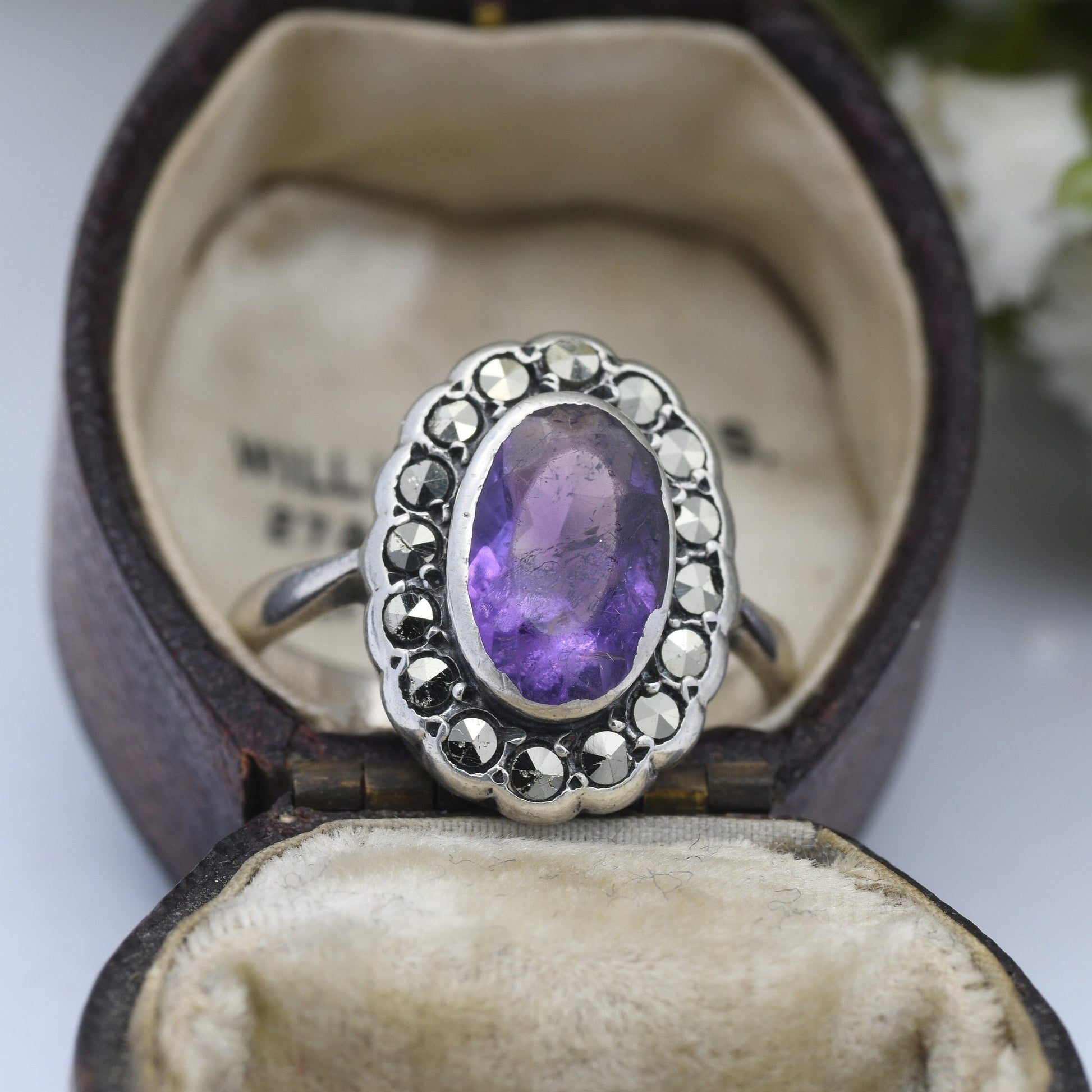 Vintage Sterling Silver Amethyst Marcasite Ring - True Vintage Statement Ring | Art Deco 1930s 1940s | UK Size - K | US Size - 5 1/4