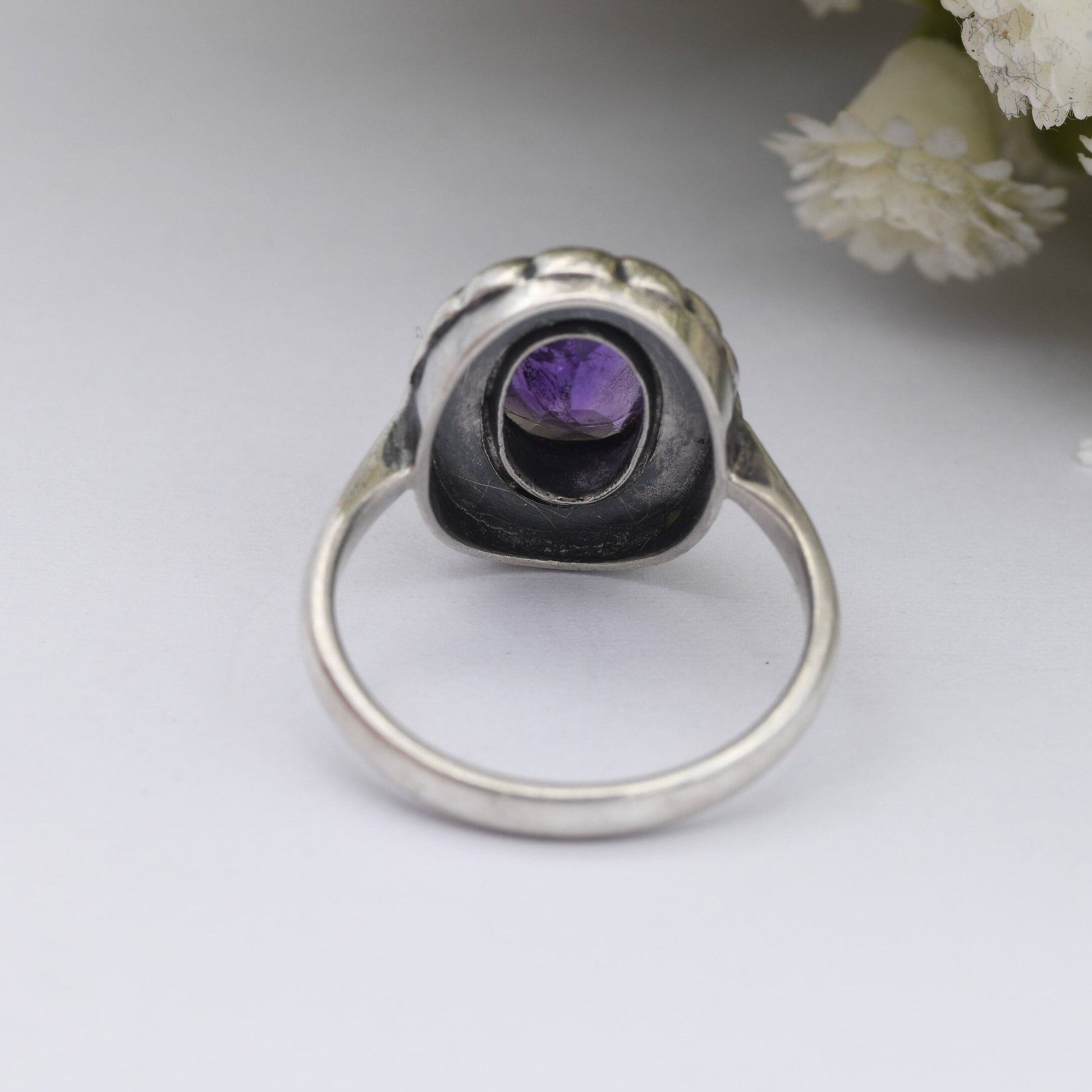 Vintage Sterling Silver Amethyst Marcasite Ring - True Vintage Statement Ring | Art Deco 1930s 1940s | UK Size - K | US Size - 5 1/4