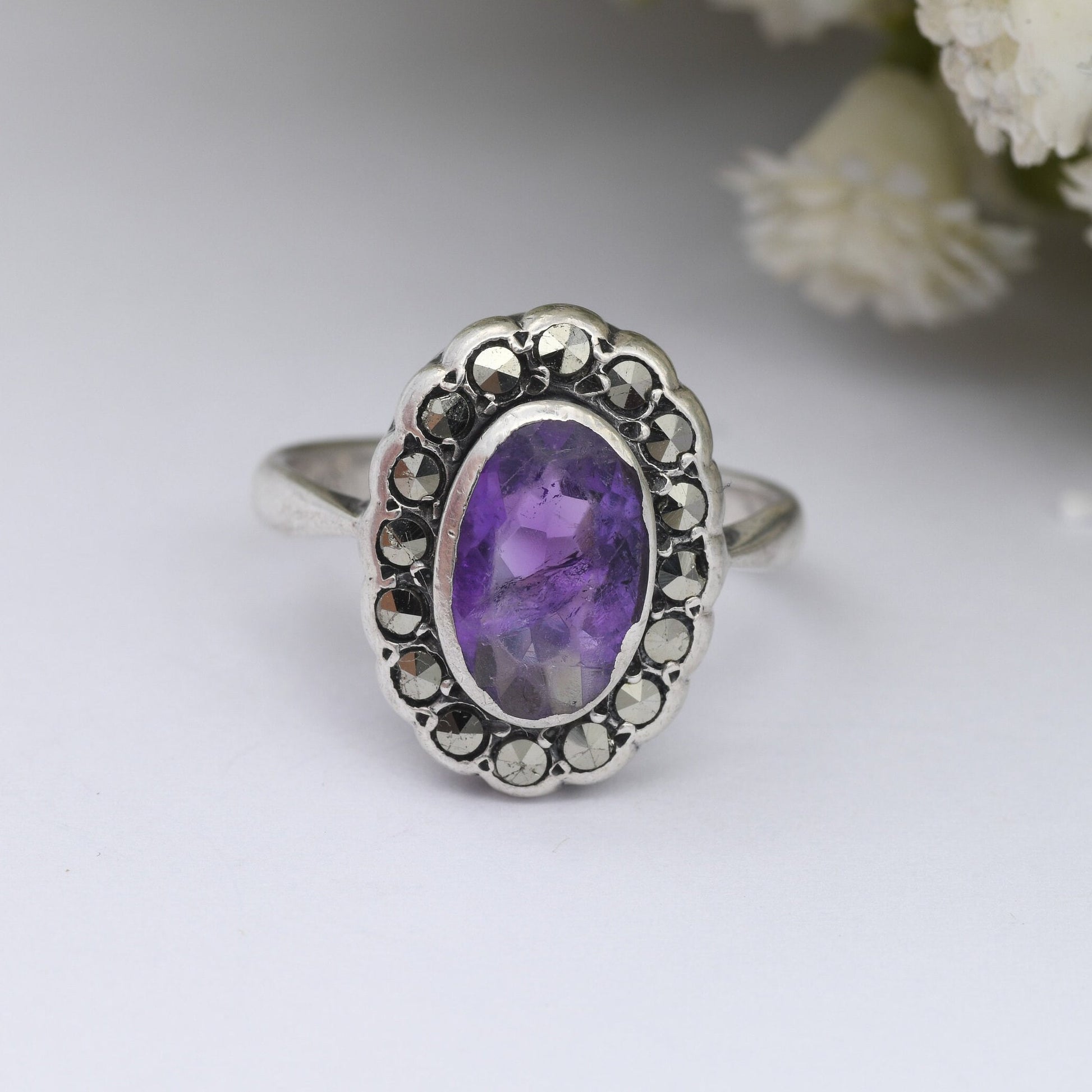 Vintage Sterling Silver Amethyst Marcasite Ring - True Vintage Statement Ring | Art Deco 1930s 1940s | UK Size - K | US Size - 5 1/4