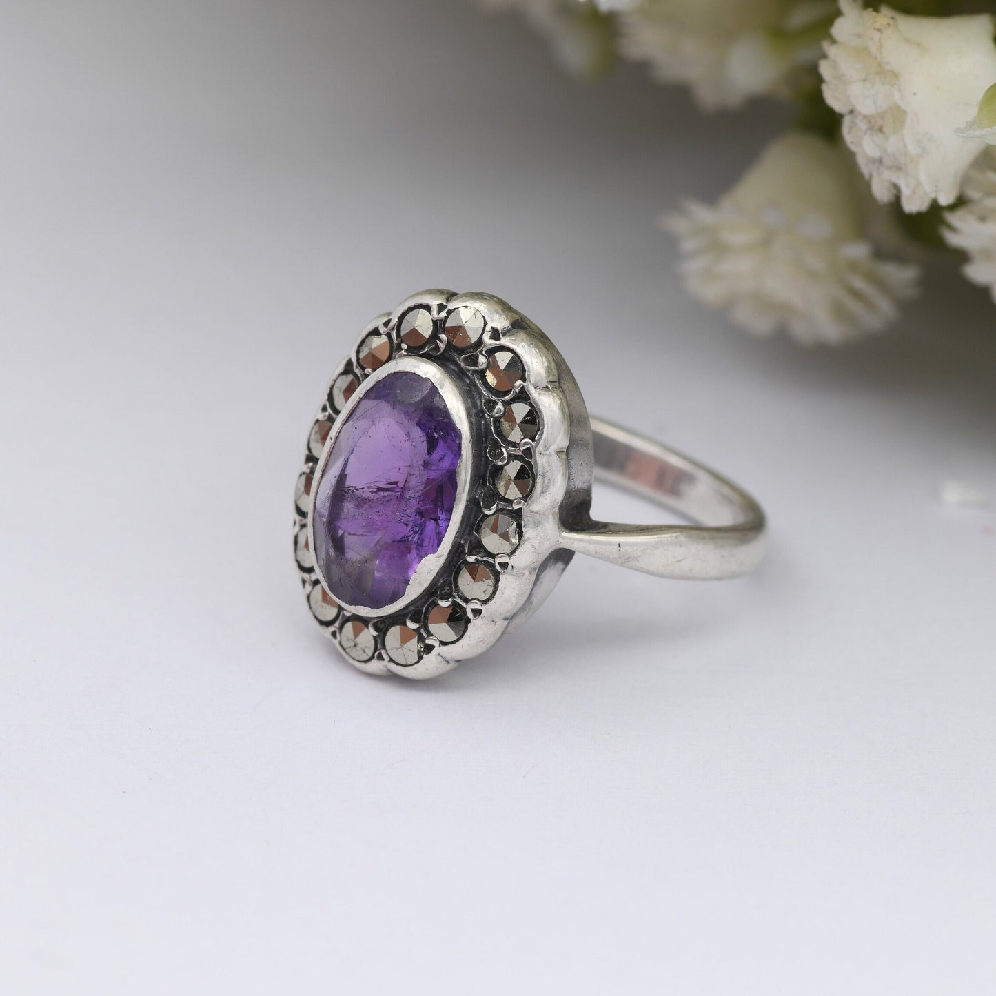 Vintage Sterling Silver Amethyst Marcasite Ring - True Vintage Statement Ring | Art Deco 1930s 1940s | UK Size - K | US Size - 5 1/4