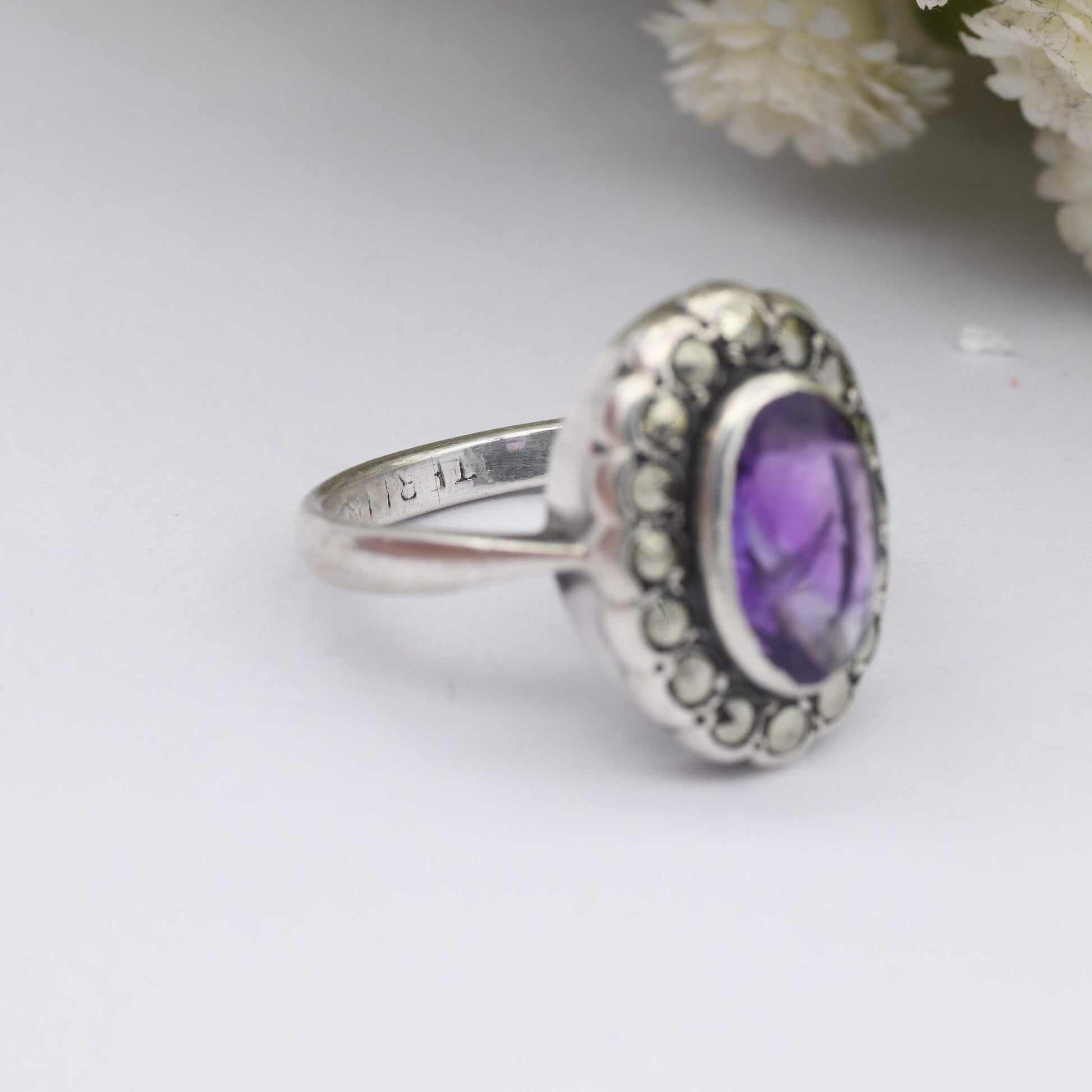 Vintage Sterling Silver Amethyst Marcasite Ring - True Vintage Statement Ring | Art Deco 1930s 1940s | UK Size - K | US Size - 5 1/4