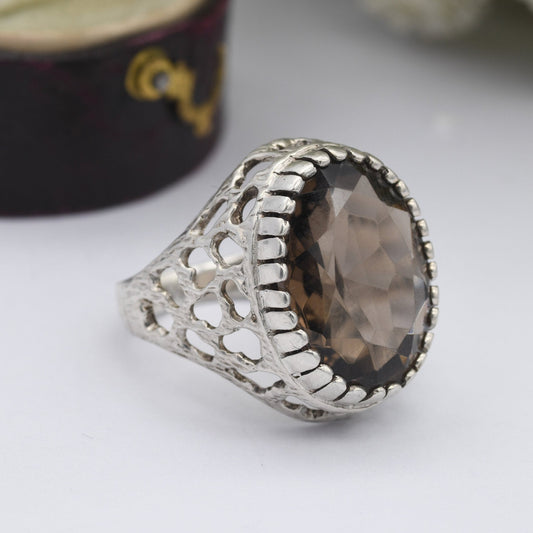 Vintage Sterling Silver Smoky Quartz Ring 1975 by Fred Manshaw - Chunky Mid-Century Brutalist | UK Size - J 1/2 | US Size - 5