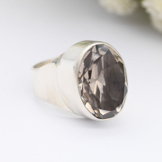 Vintage Sterling Silver Smoky Quartz Ring - Chunky Mid-Century Faceted Gemstone Jewellery | UK Size - L | US Size - 5 3/4