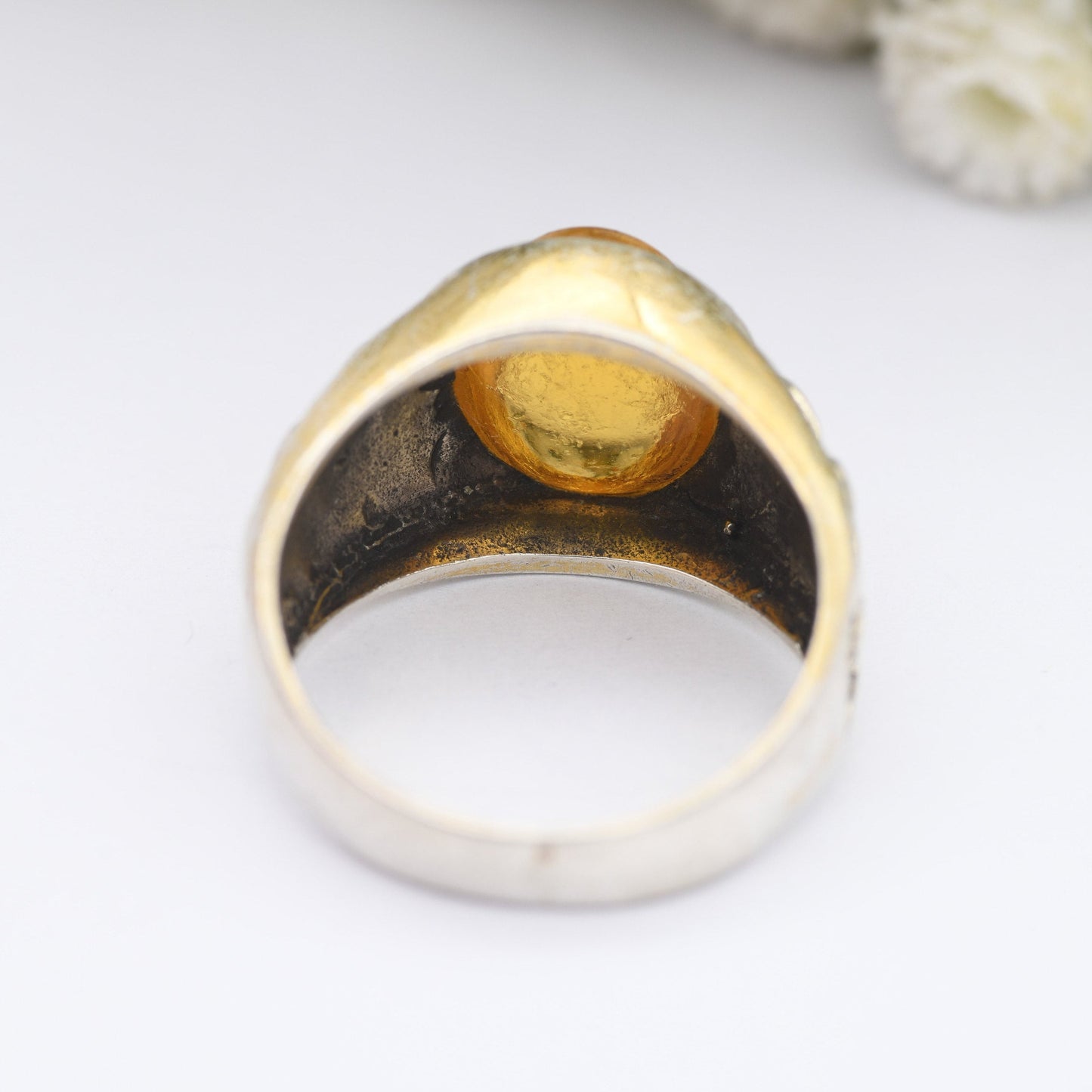 Vintage Scottish Sterling Silver Signet Ring - Diamond Shape Shoulders | Yellow Glass Stone | Chunky Unisex | UK Size - Q | US Size - 8 1/4