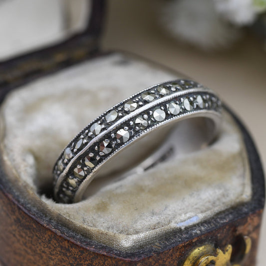 Vintage Sterling Silver Marcasite Ring with Double Eternity Bands of Stones - Art Deco Style | UK Size - O 1/2 | US Size - 7 1/2