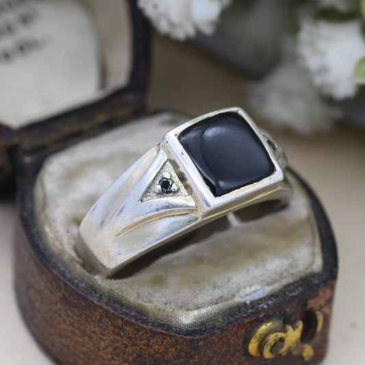 Vintage Sterling Silver Onyx & Black Diamond Signet Ring - Chunky Large Unisex Jewellery | UK Size - T | US Size - 9 1/2