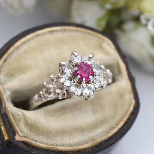 Vintage Sterling Silver Ruby Cluster Flower Ring - Statement Cocktail Ring with CZ | UK Size - M | US Size - 6 1/4