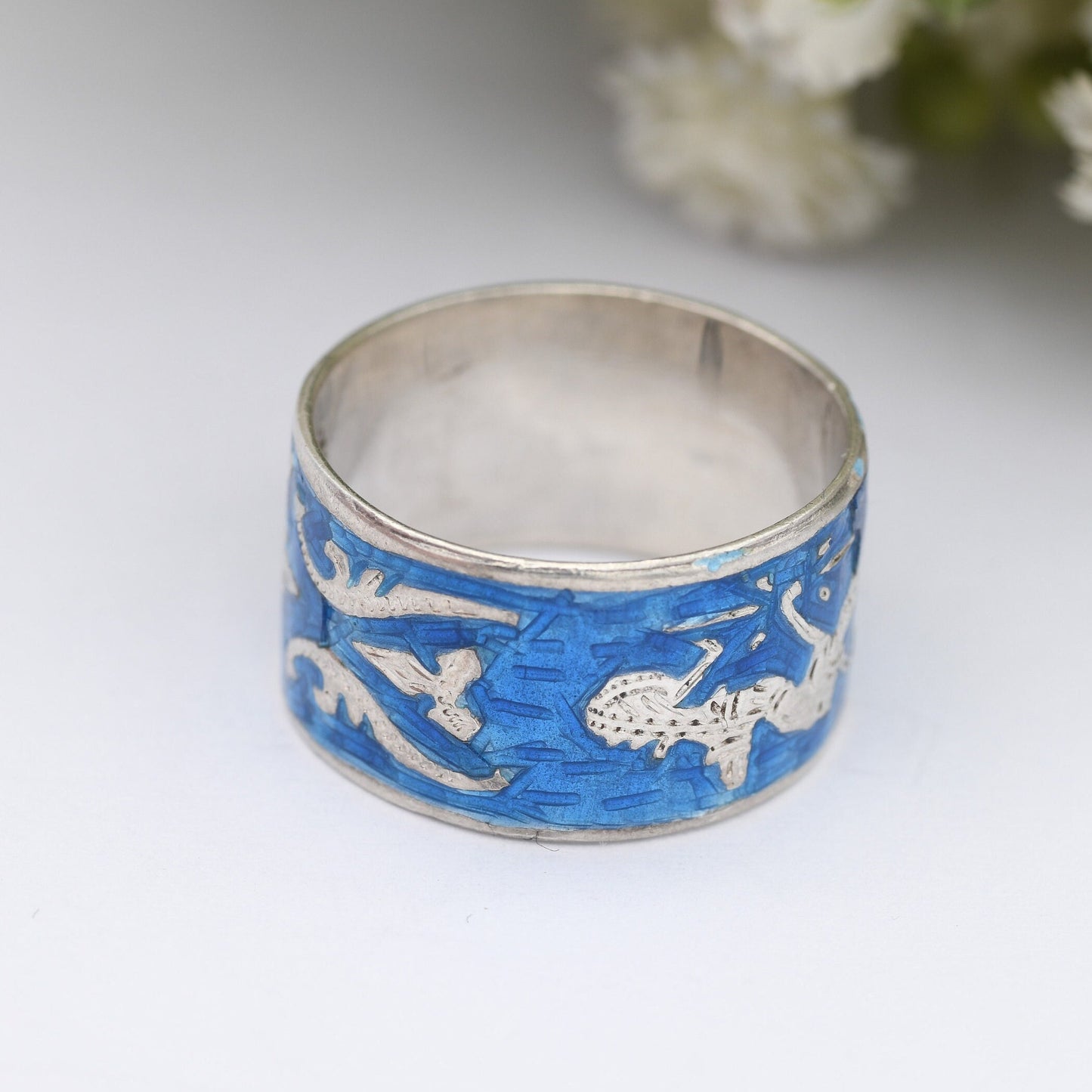 Vintage Thailand Sterling Silver Ring - Blue Niello Band Mekhala Goddess of Lightening | Engraved | UK Size - M 1/2 | US Size - 6 1/4