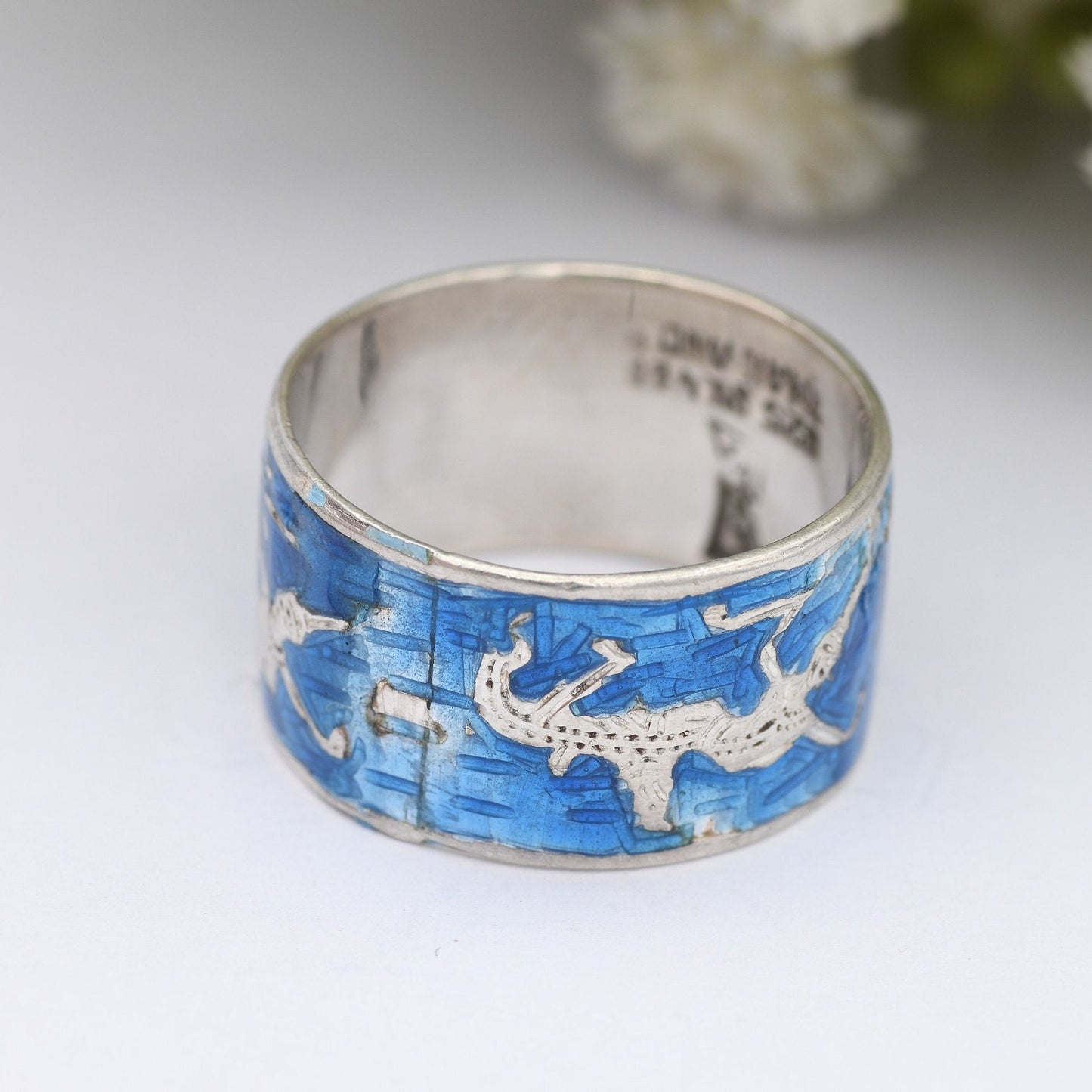 Vintage Thailand Sterling Silver Ring - Blue Niello Band Mekhala Goddess of Lightening | Engraved | UK Size - M 1/2 | US Size - 6 1/4