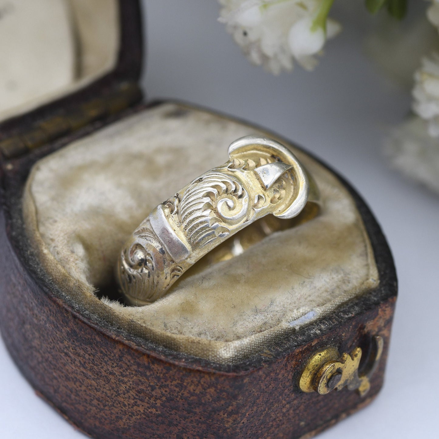 Antique Sterling Silver Buckle Ring 1884 Alfred George Griffiths - Victorian Unisex Band | Ornate Scrolling | UK Size - M | US Size - 6