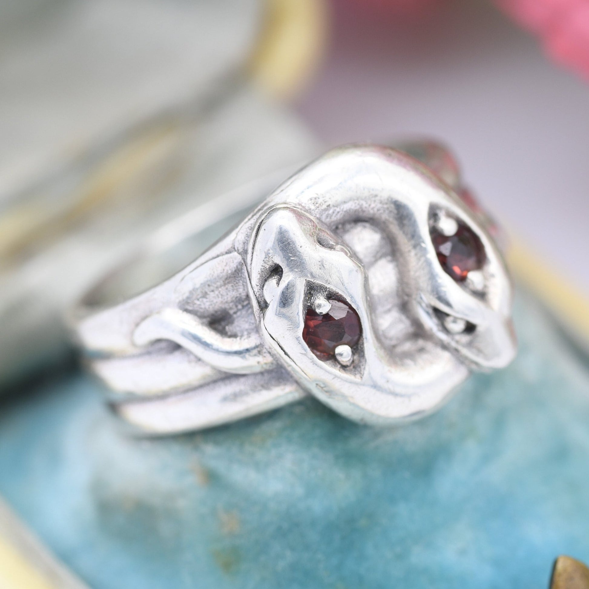 Vintage Sterling Silver Snake Ring with Double Garnet Heads - Coiled Snake Band | Animal Jewellery | UK Size - N 1/2 | US Size - 7