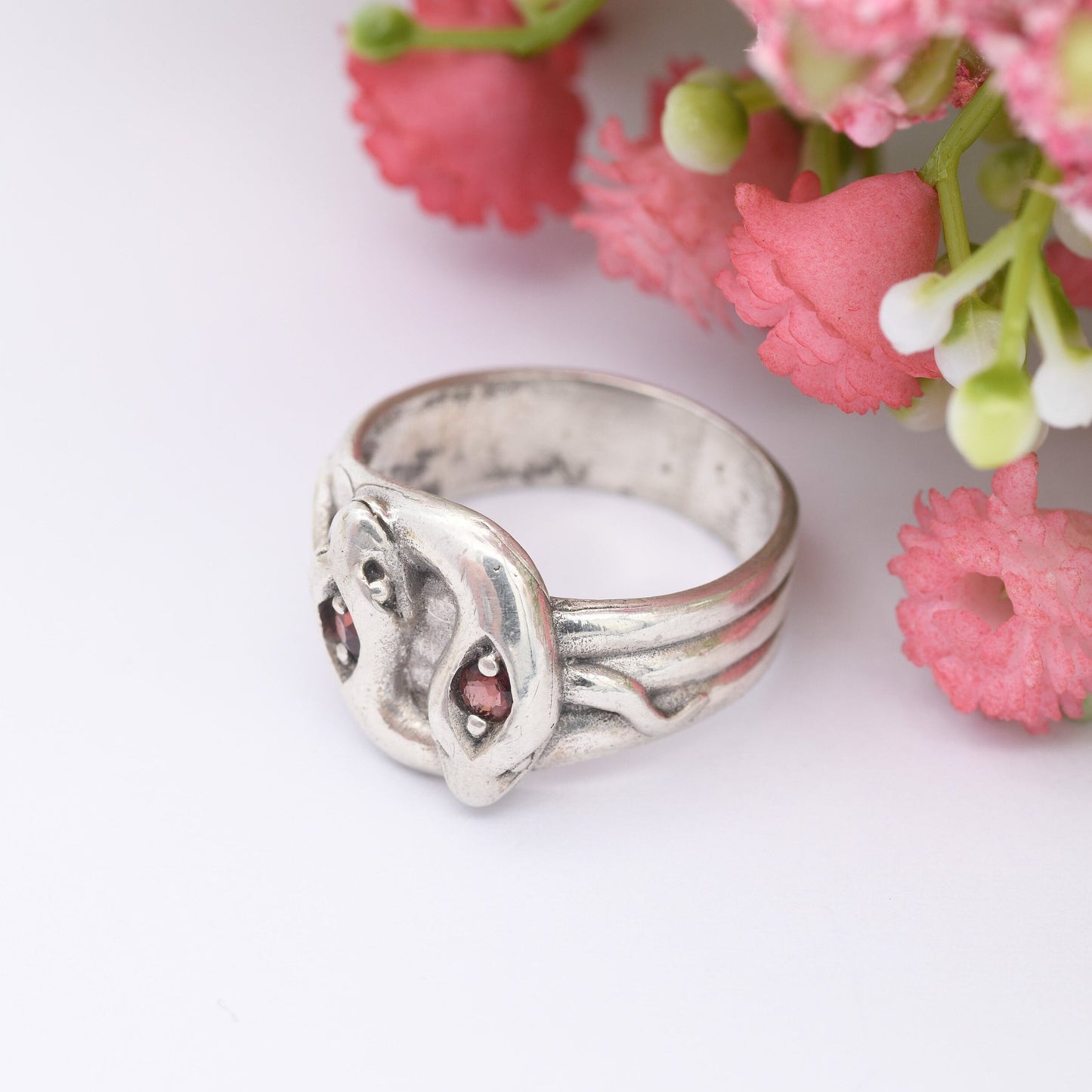 Vintage Sterling Silver Snake Ring with Double Garnet Heads - Coiled Snake Band | Animal Jewellery | UK Size - N 1/2 | US Size - 7