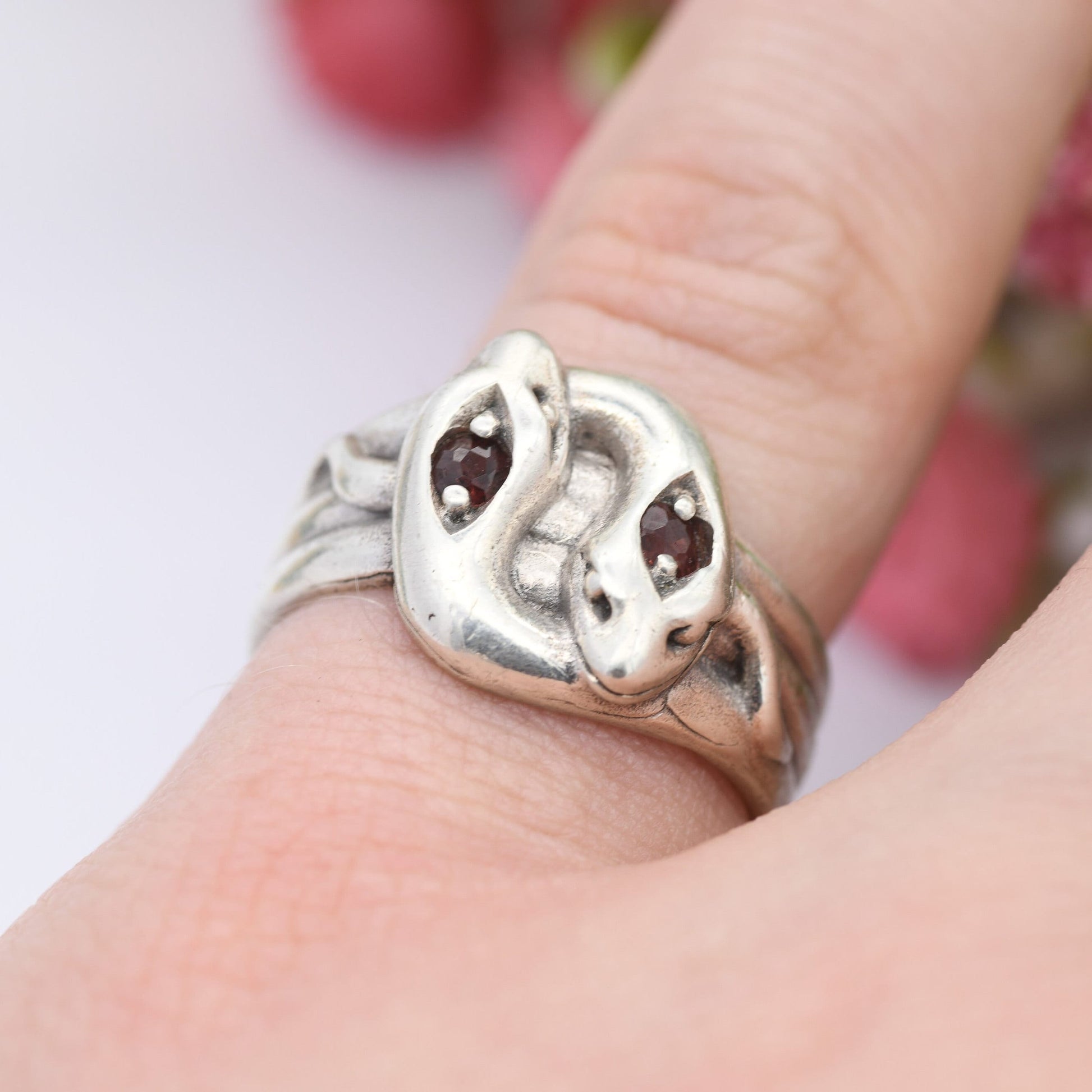 Vintage Sterling Silver Snake Ring with Double Garnet Heads - Coiled Snake Band | Animal Jewellery | UK Size - N 1/2 | US Size - 7