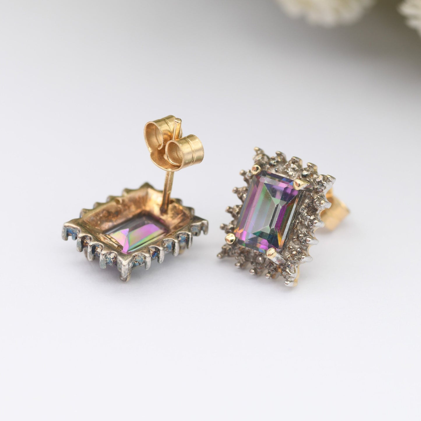 Vintage 9ct Gold Mystic Topaz Diamond Halo Stud Earrings - Sparkly Statement Earrings | Butterfly Backs