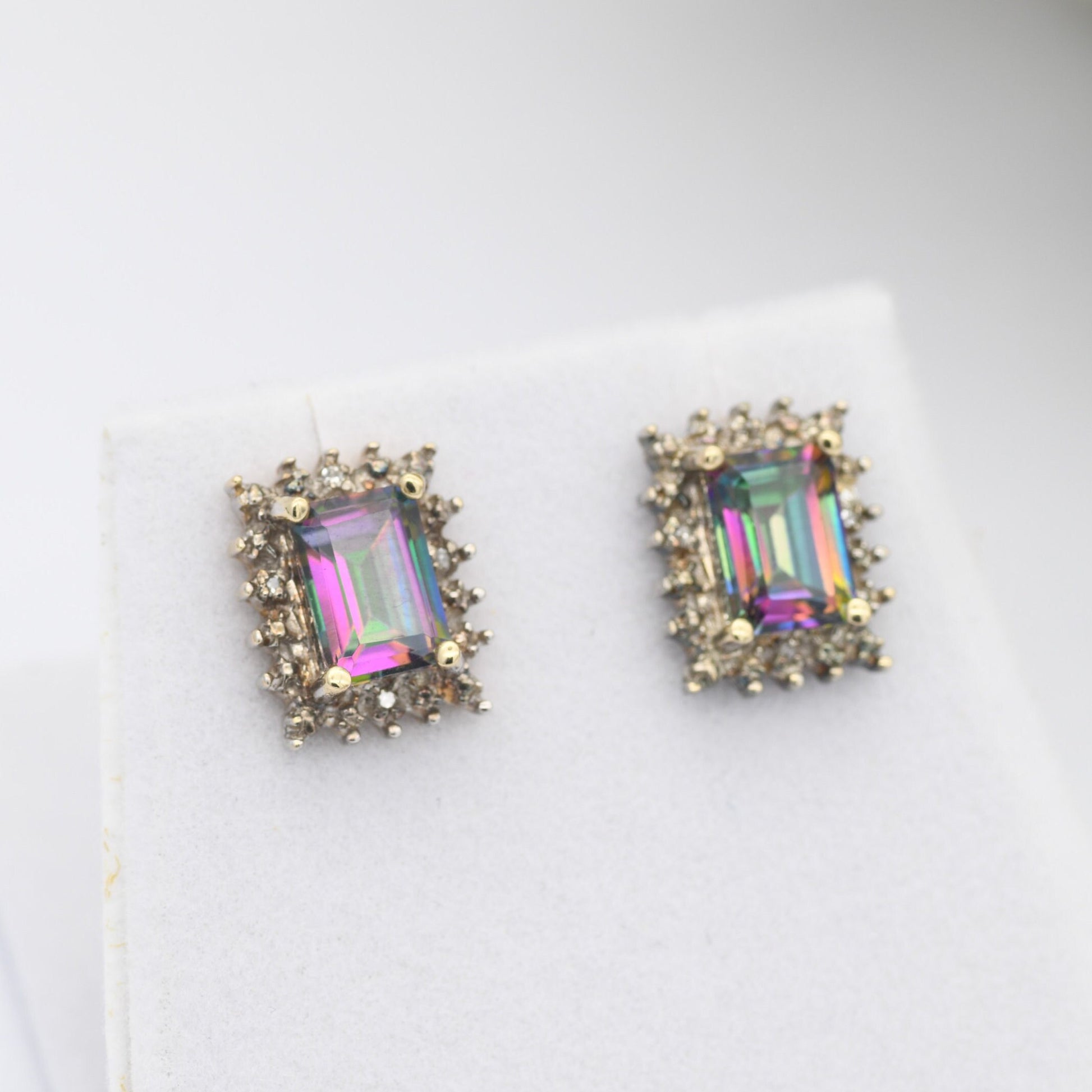 Vintage 9ct Gold Mystic Topaz Diamond Halo Stud Earrings - Sparkly Statement Earrings | Butterfly Backs