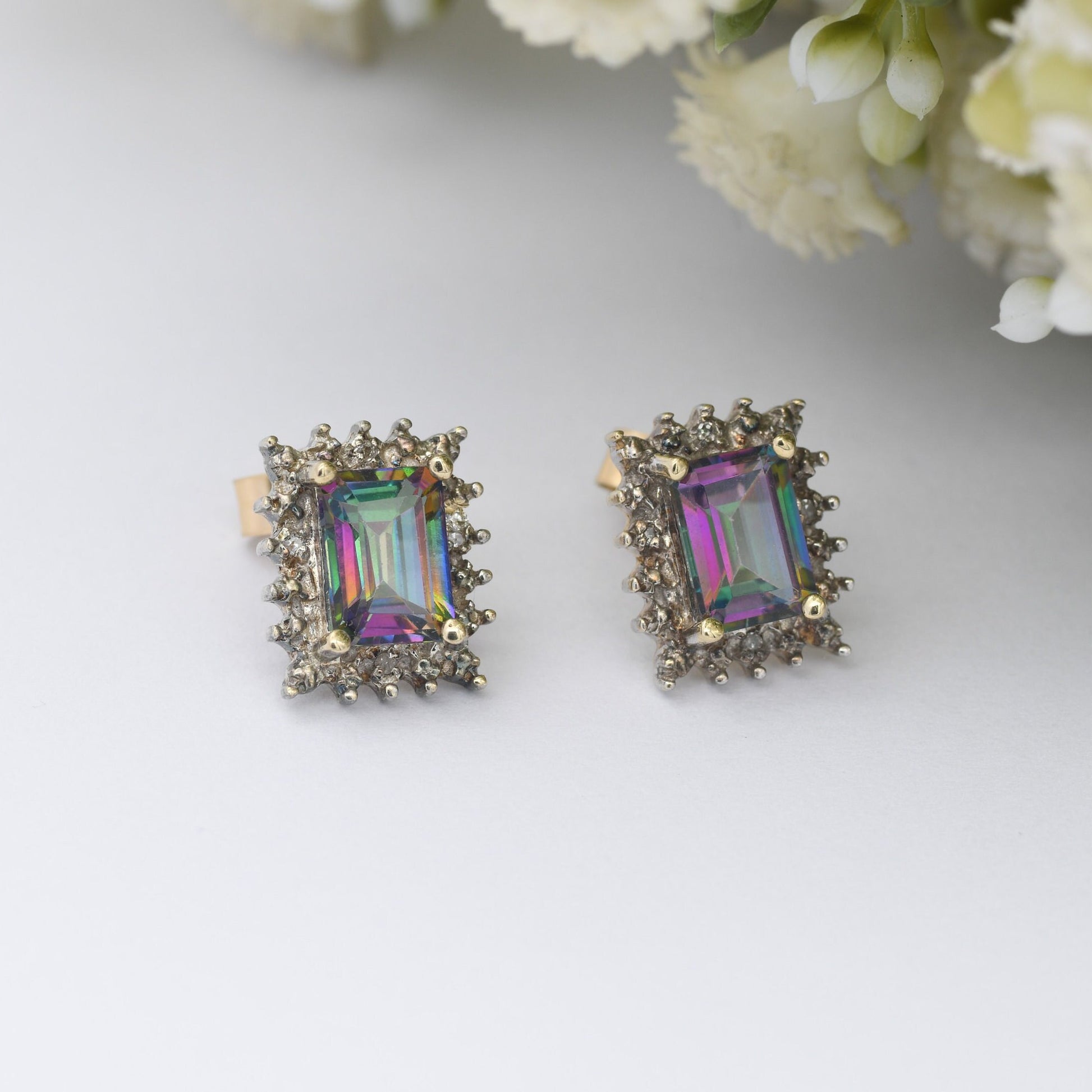 Vintage 9ct Gold Mystic Topaz Diamond Halo Stud Earrings - Sparkly Statement Earrings | Butterfly Backs