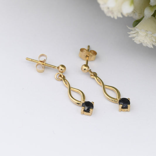 Vintage 9ct Gold Sapphire Twisted Drop Earrings - Minimal Everyday Gold | Blue Sapphire Gift for Her