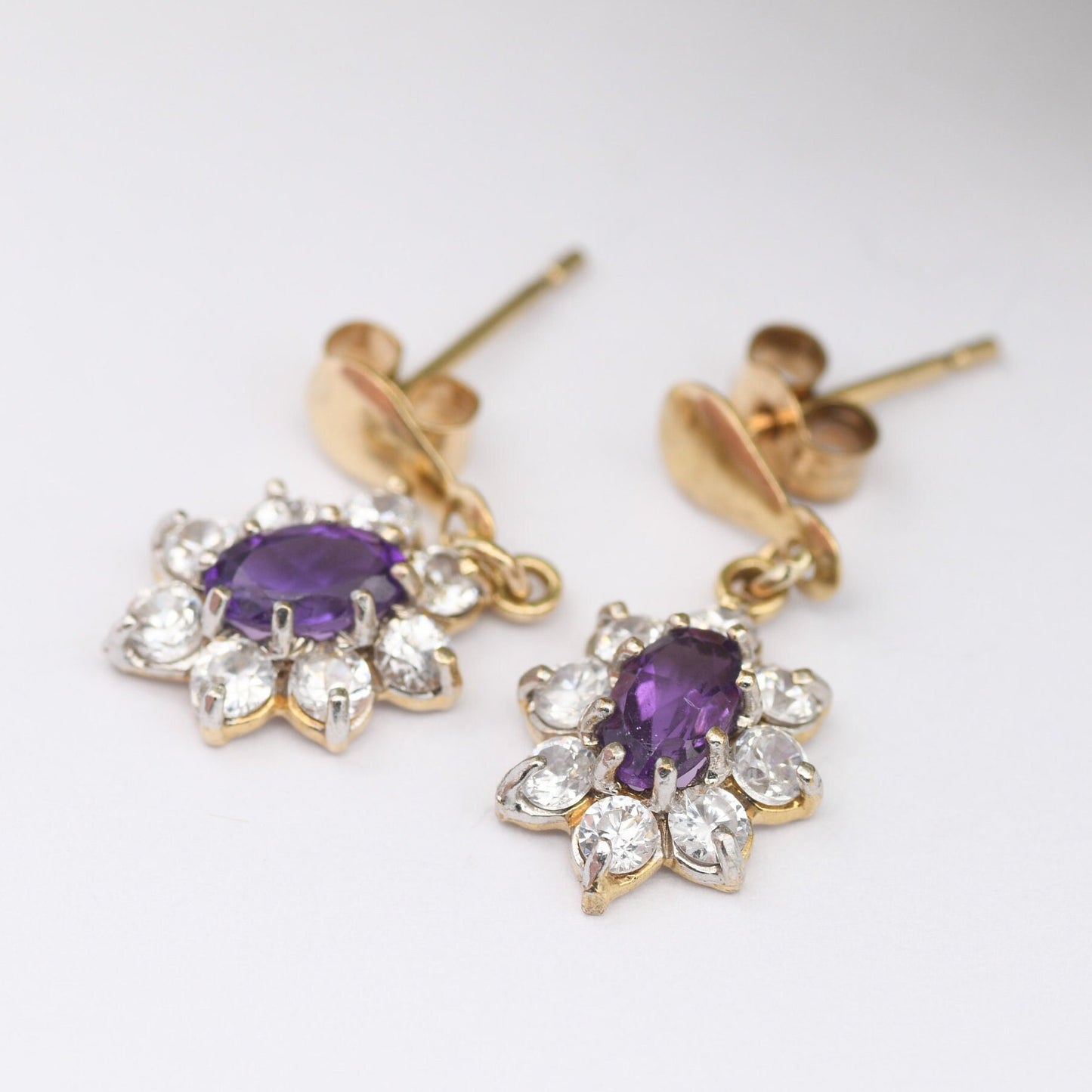 Vintage 9ct Gold Amethyst Halo Drop Earrings - CZ Floral Cluster