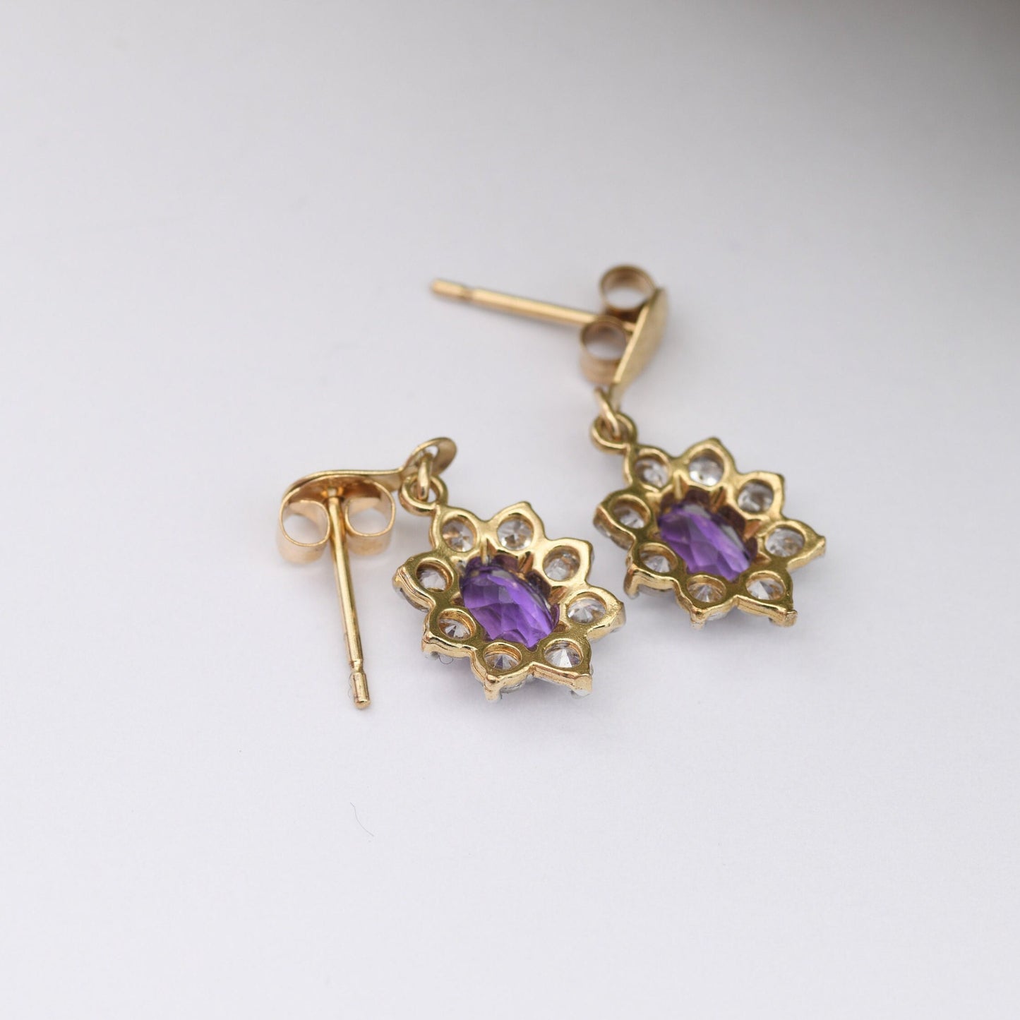 Vintage 9ct Gold Amethyst Halo Drop Earrings - CZ Floral Cluster