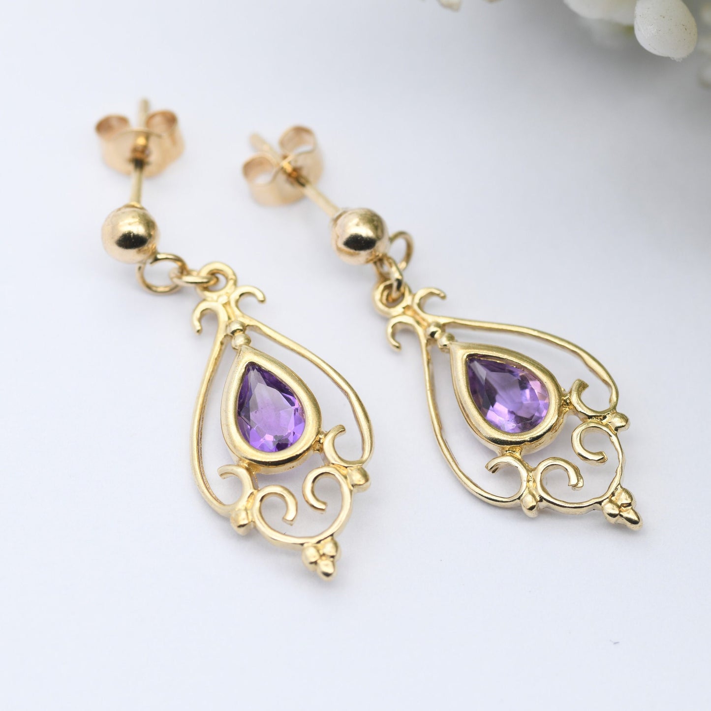 Vintage 9ct Gold Amethyst Drop Earrings - Ornate Floral Openwork