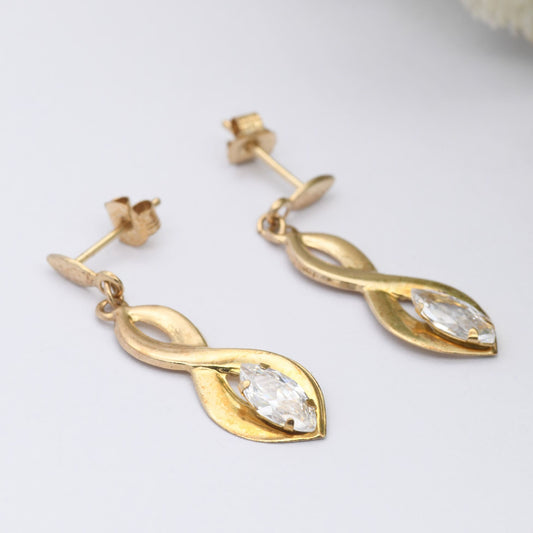 Vintage 9ct Gold Twisted Drop Earrings with Marquis Cut CZ Clear Stone