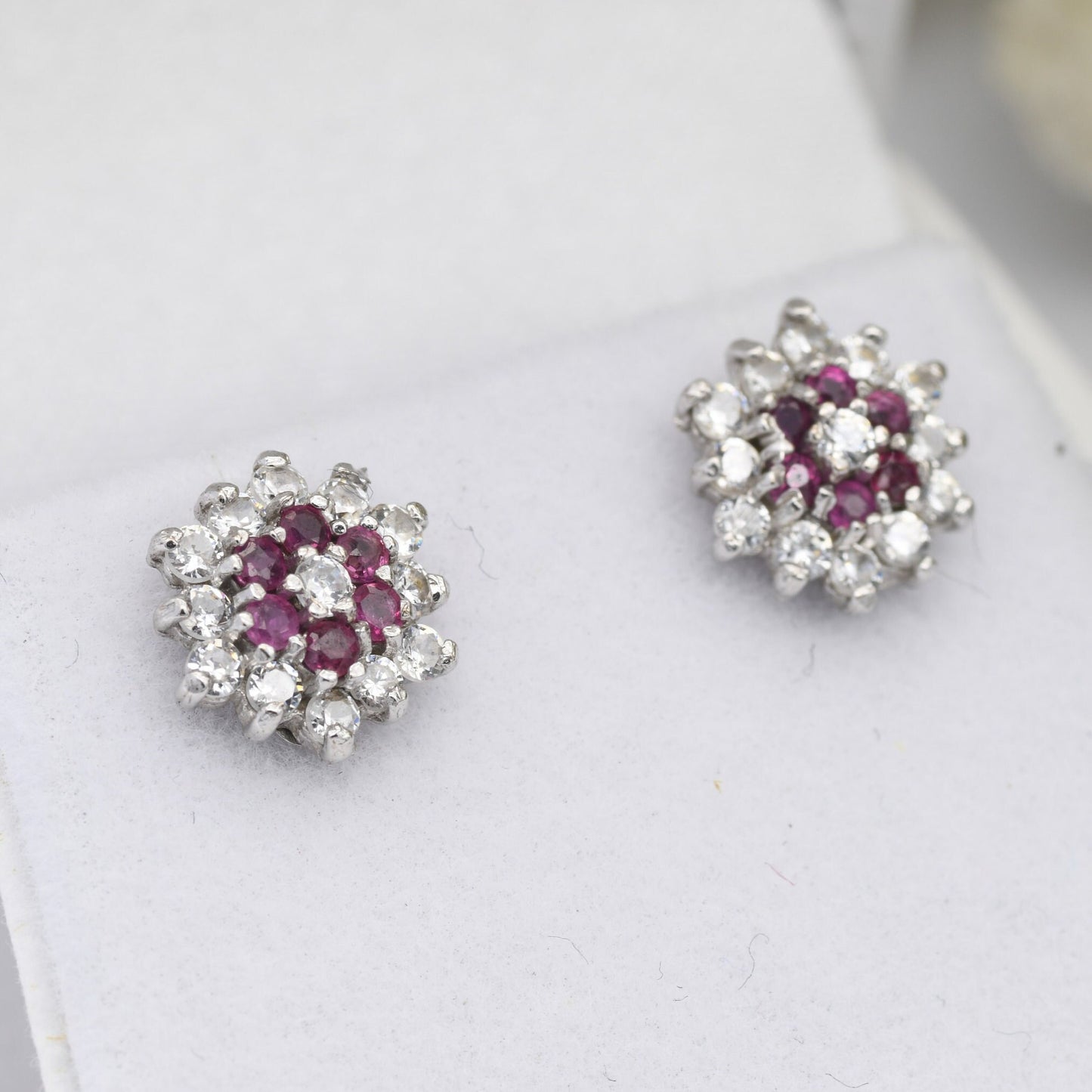 Vintage 9ct Gold Ruby Flower Cluster Stud Earrings - Sparkly CZ Clear Stones | White Gold Front