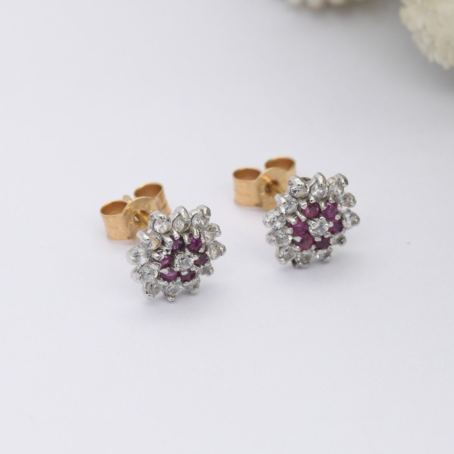 Vintage 9ct Gold Ruby Flower Cluster Stud Earrings - Sparkly CZ Clear Stones | White Gold Front