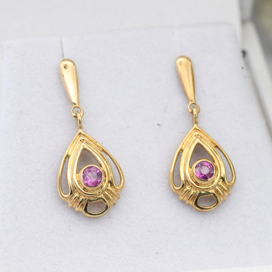 Vintage 9ct Gold Ruby Drop Earrings 1988 with Ornate Openwork Design