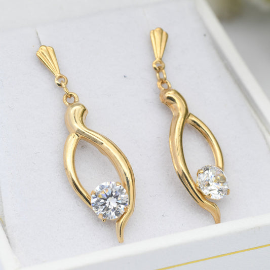 Vintage 9ct Gold CZ Drop Earrings - Sparkly Large Stone | 14ct Gold Butterfly Backs