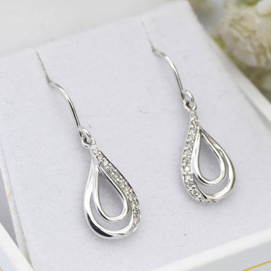 Vintage 9ct White Gold Diamond Drop Earrings - Pave Set Teardrops