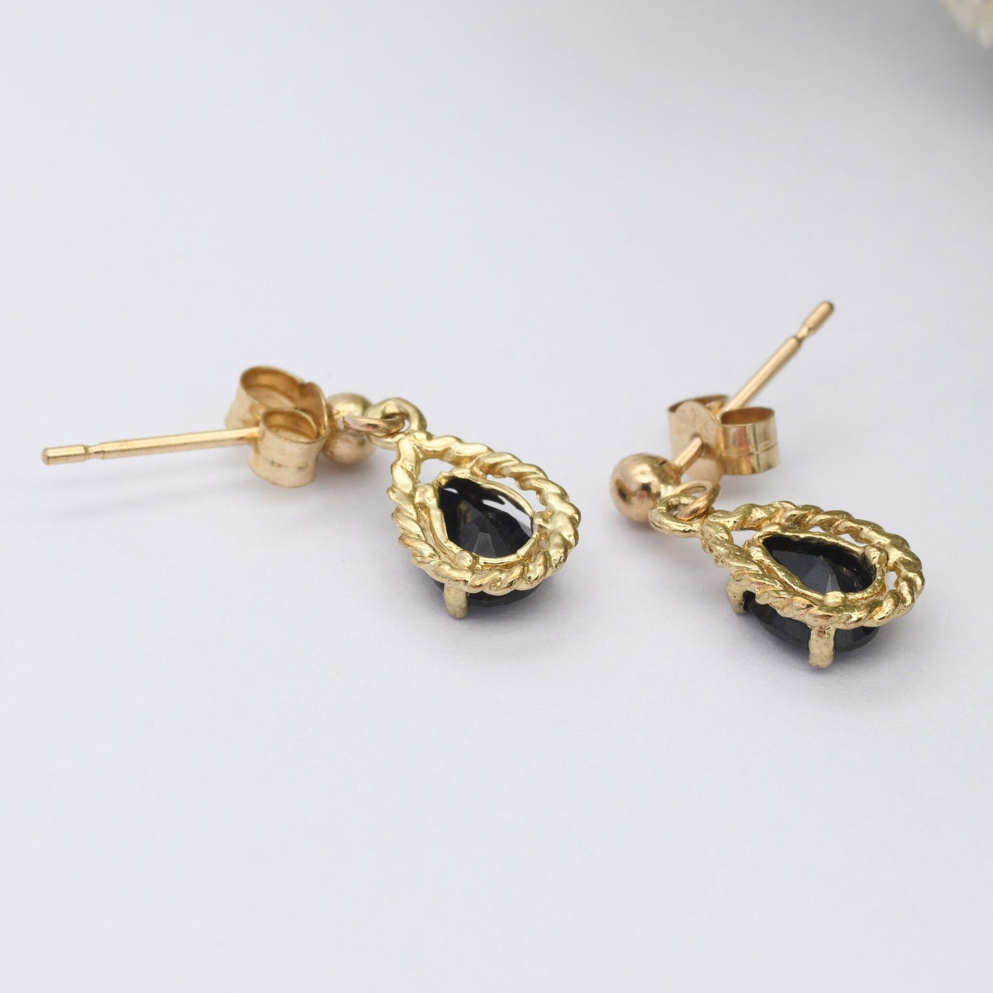 Vintage 9ct Gold Sapphire Drop Earrings with Rope Twist Setting - Teardrop Shape