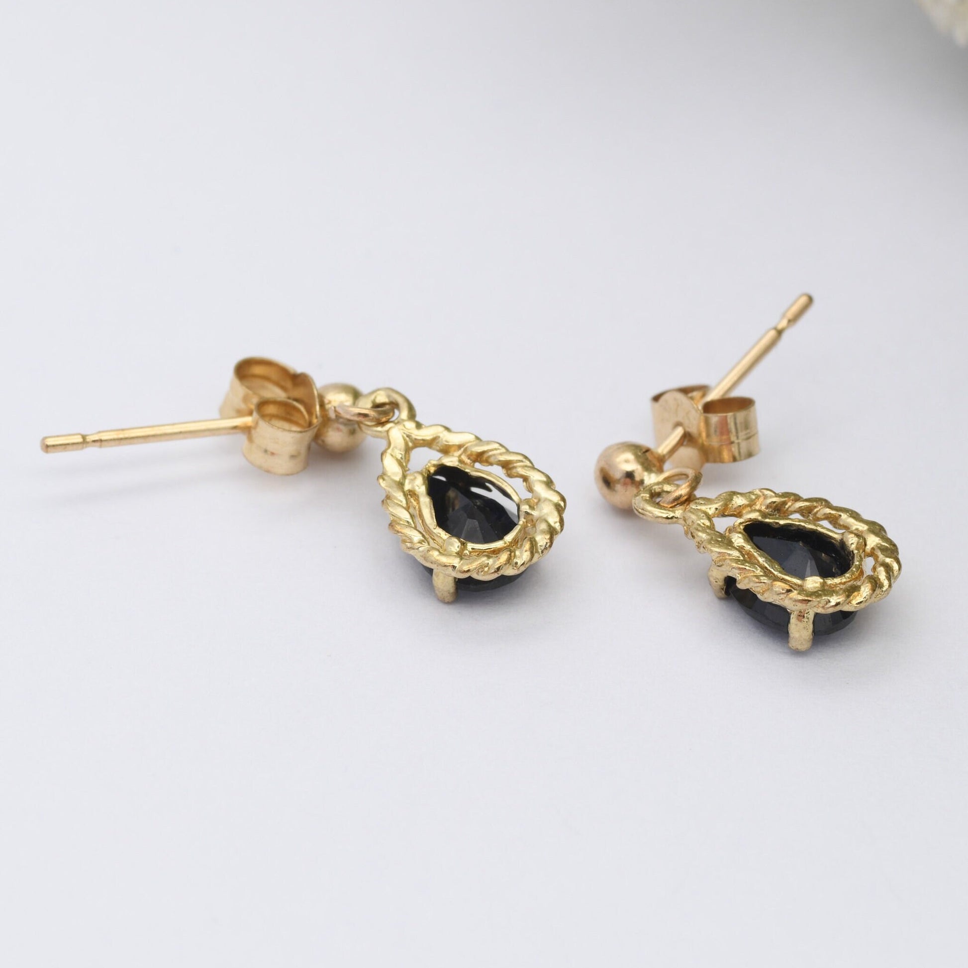 Vintage 9ct Gold Sapphire Drop Earrings with Rope Twist Setting - Teardrop Shape