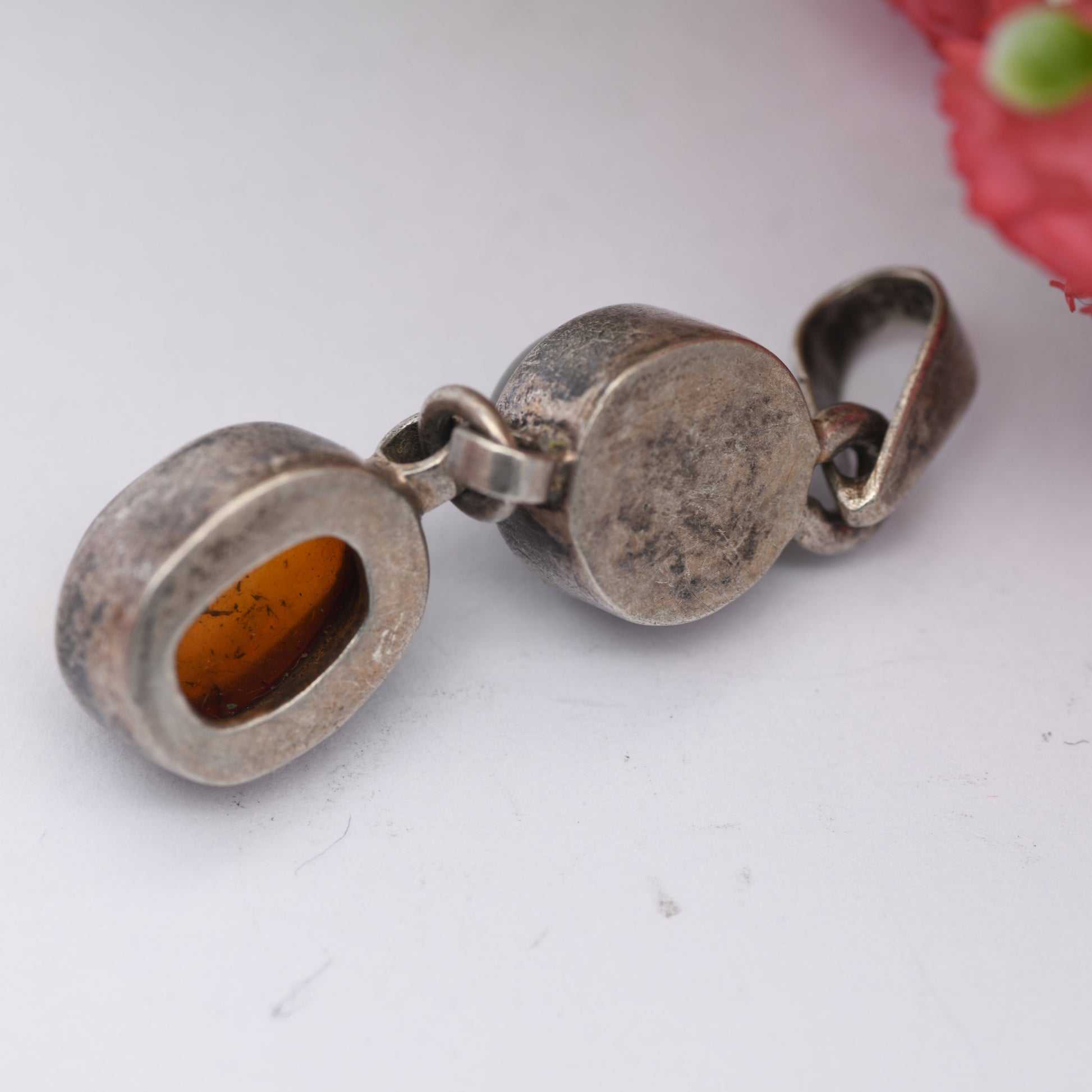 Vintage Amber Moonstone Sterling Silver Articulated Pendant