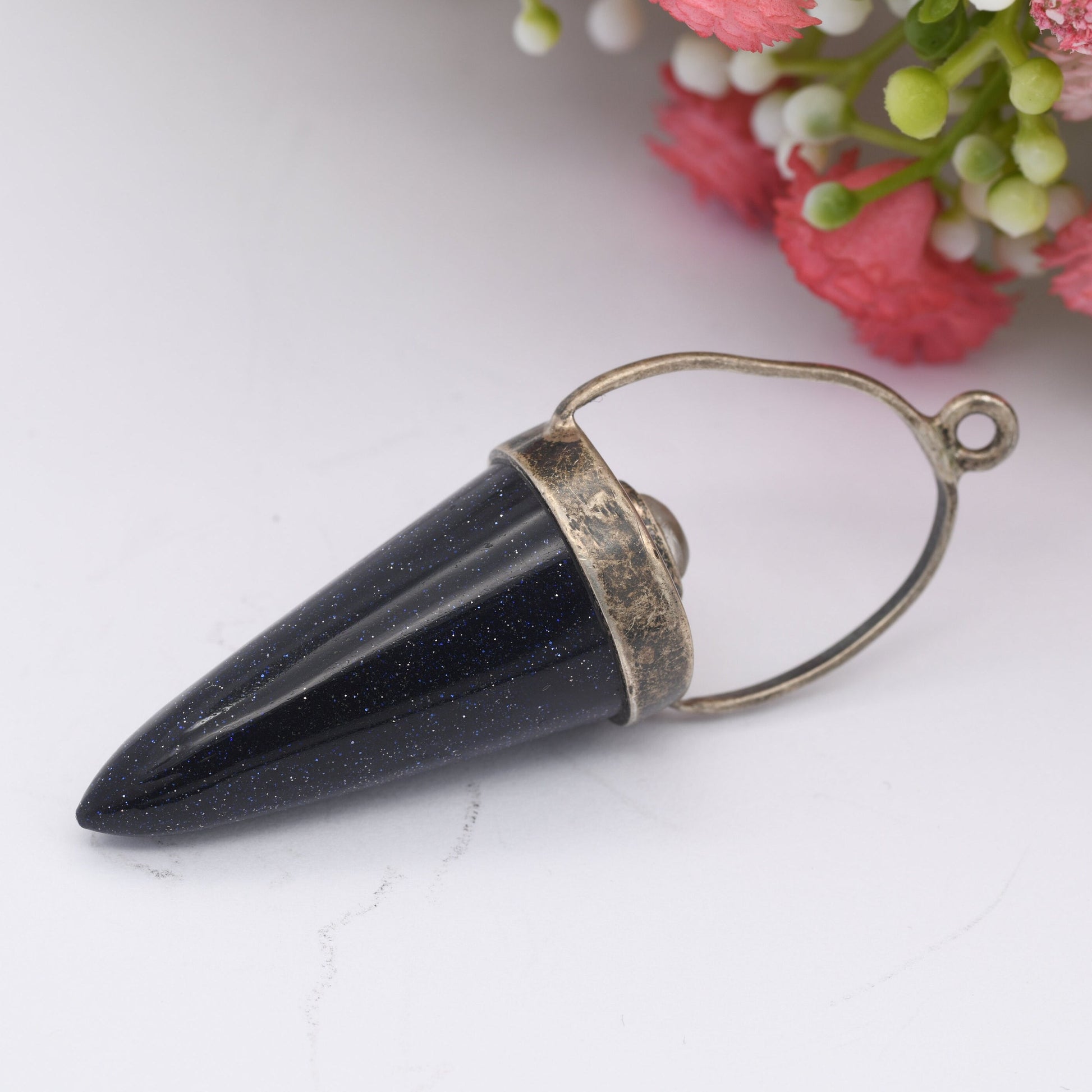 Vintage Sterling Silver Blue Goldstone and Moonstone Pendant