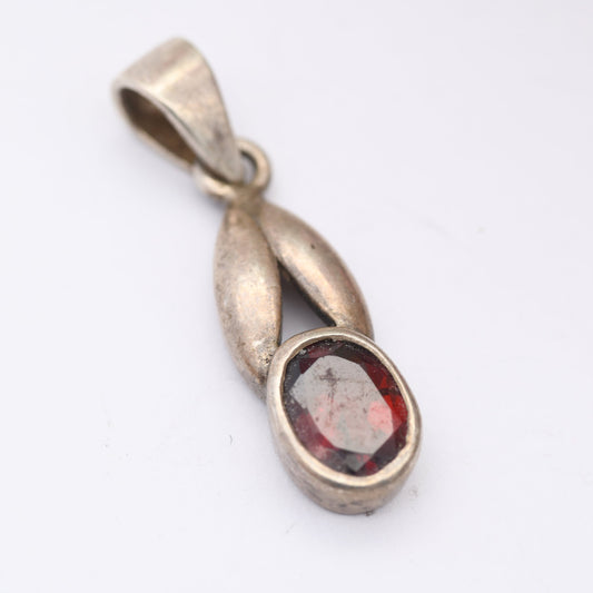 Vintage Sterling Silver Garnet Pendant - Minimalist Leaf Design | Large Faceted Red Stone