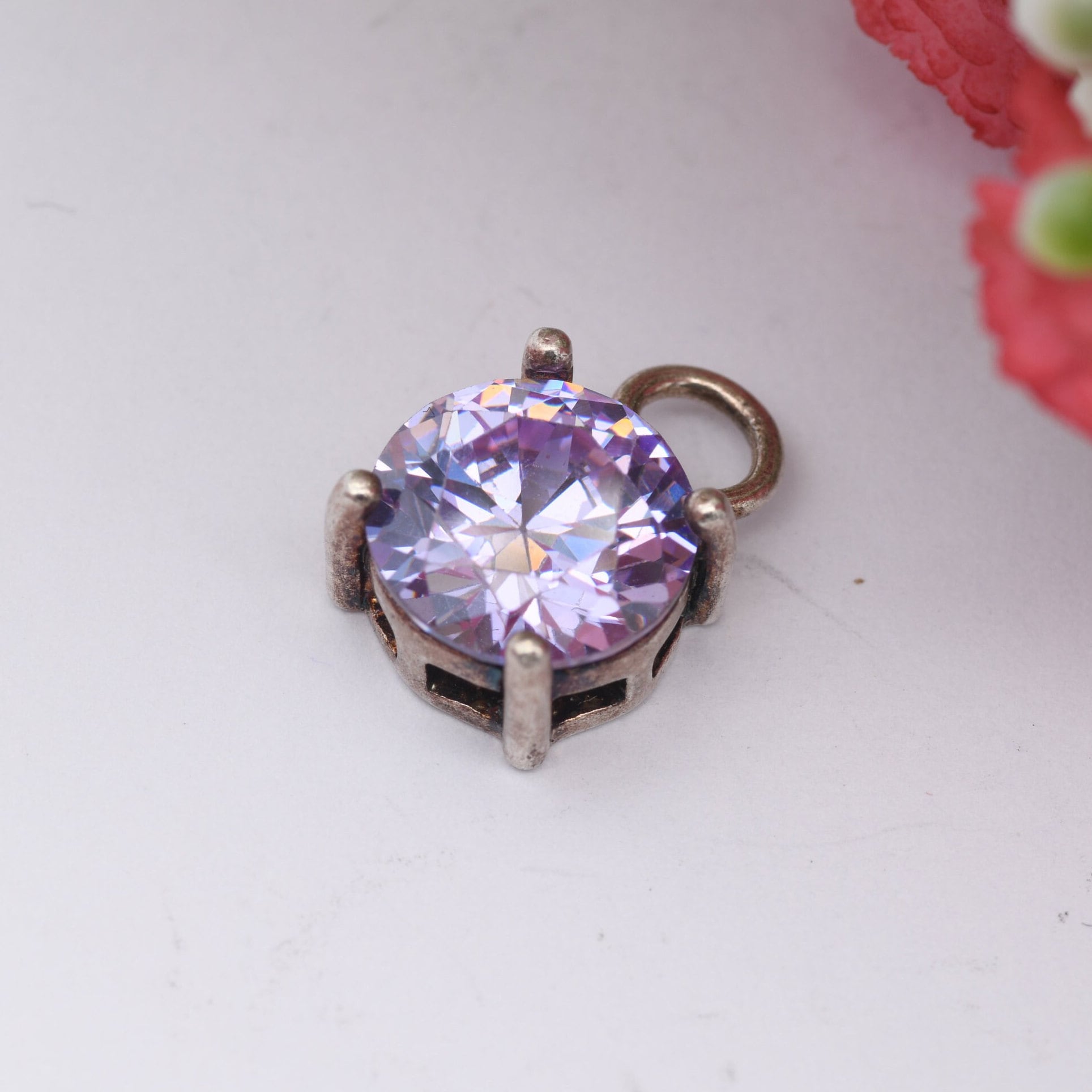 Sterling Silver Purple Cubic Zirconia Charm Pendant - Large Sparkly Stone