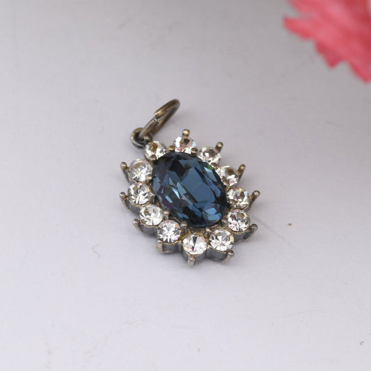 Vintage Sterling Silver Sparkly Blue and Clear Stone Halo Pendant