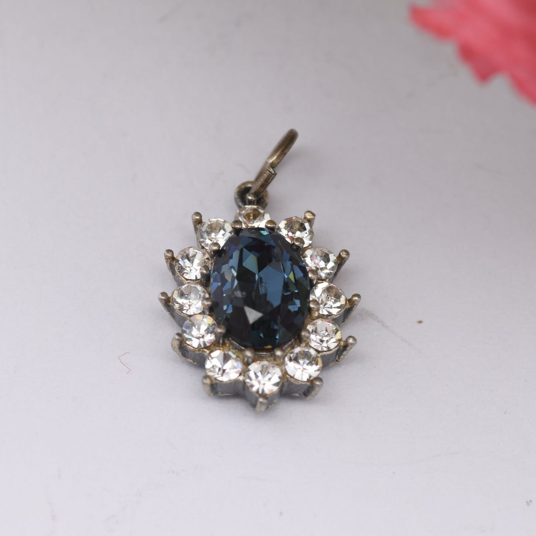 Vintage Sterling Silver Sparkly Blue and Clear Stone Halo Pendant