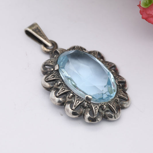 Antique European Silver Pendant with Large Blue Stone