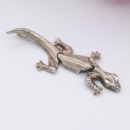 Vintage Sterling Silver Articulated Lizard Charm Pendant - Detailed Moving Animal Necklace | Textured Design | Hidden Bale