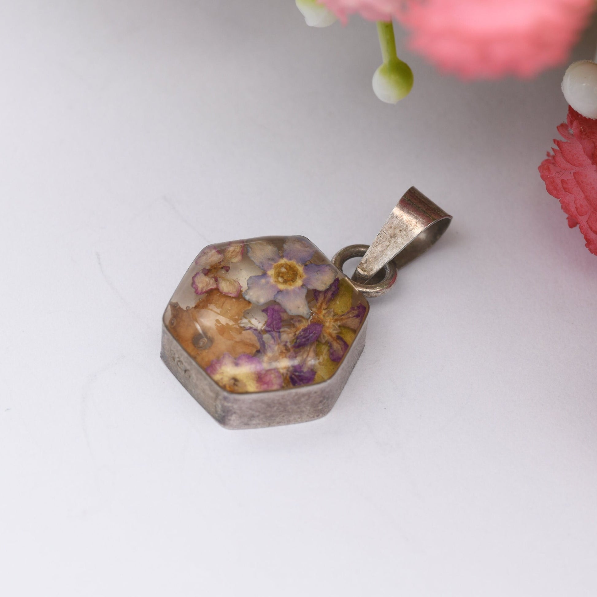 Sterling Silver Dried Flower Pendant - Real Flowers | Hexagonal Shape