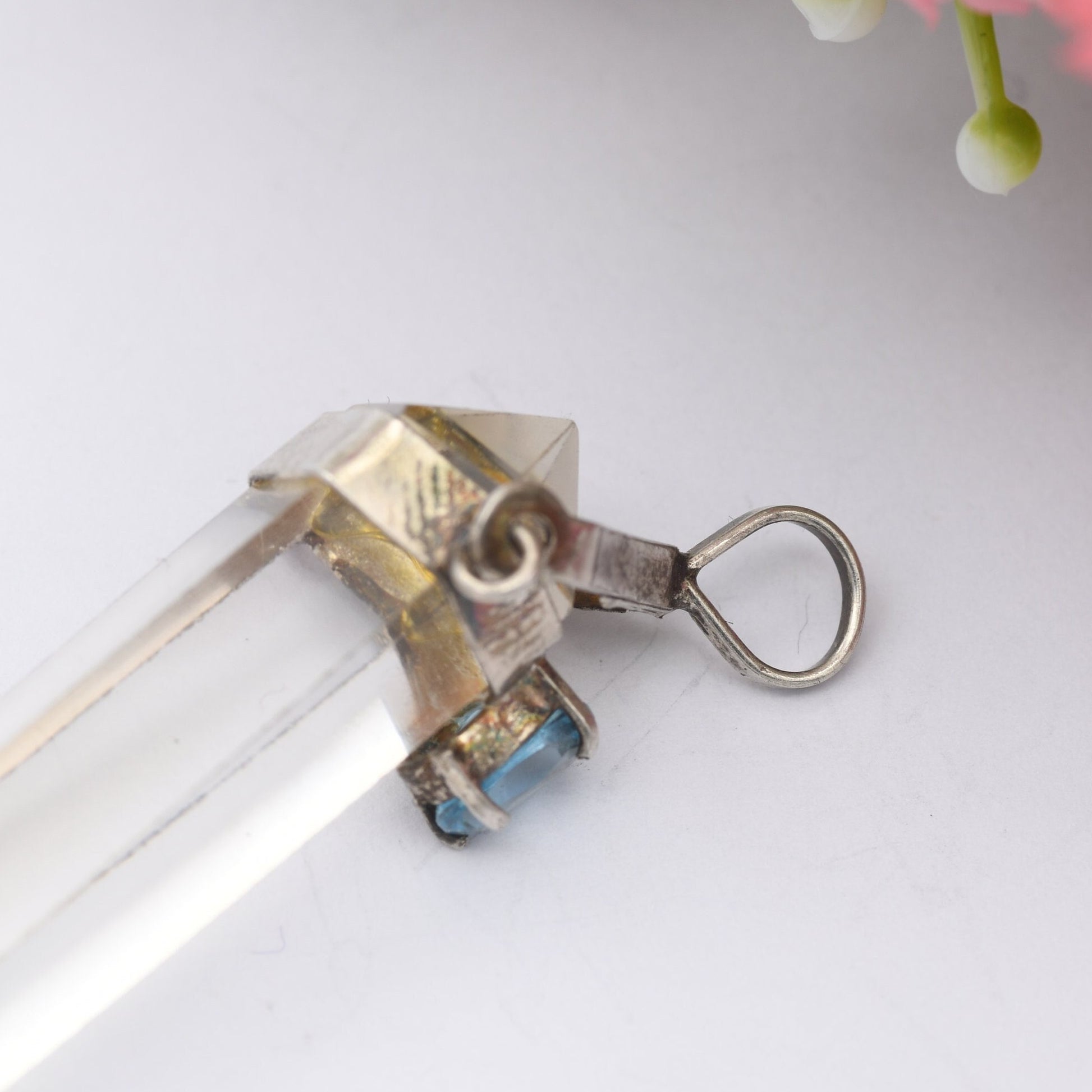 Vintage Crystal Gemstone Pendant - Clear Crystal Glass | Blue Stone | Faceted | Silver Tone Bale Mount